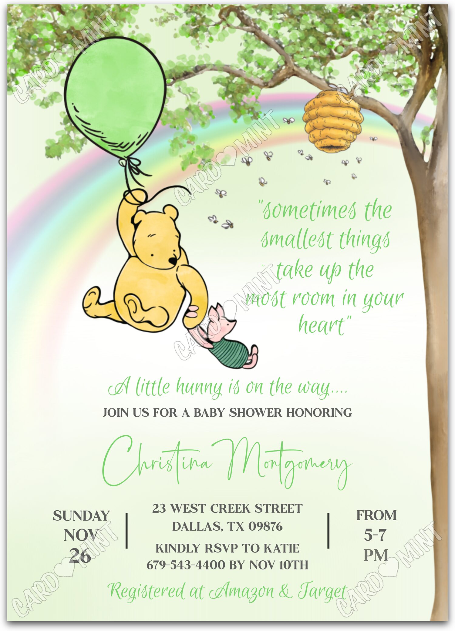 Editable A Little Hunny green Classic Pooh & balloon neutral Baby Shower 5"x7" Invitation EV1496