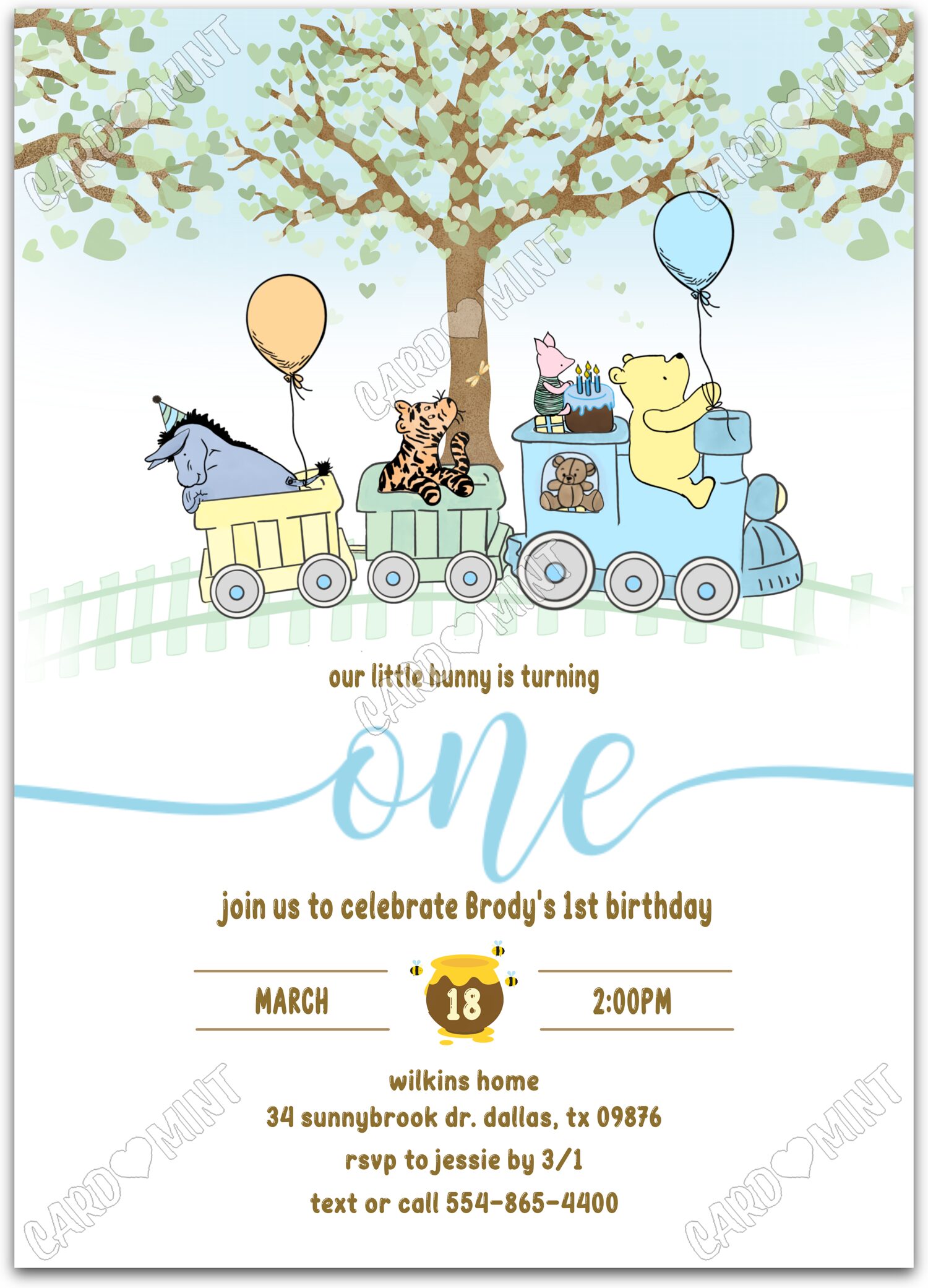 Editable Classic Pooh Train blue classic Pooh & friends boy First Fête d'Anniversaire 5"x7" Invitation EV1497