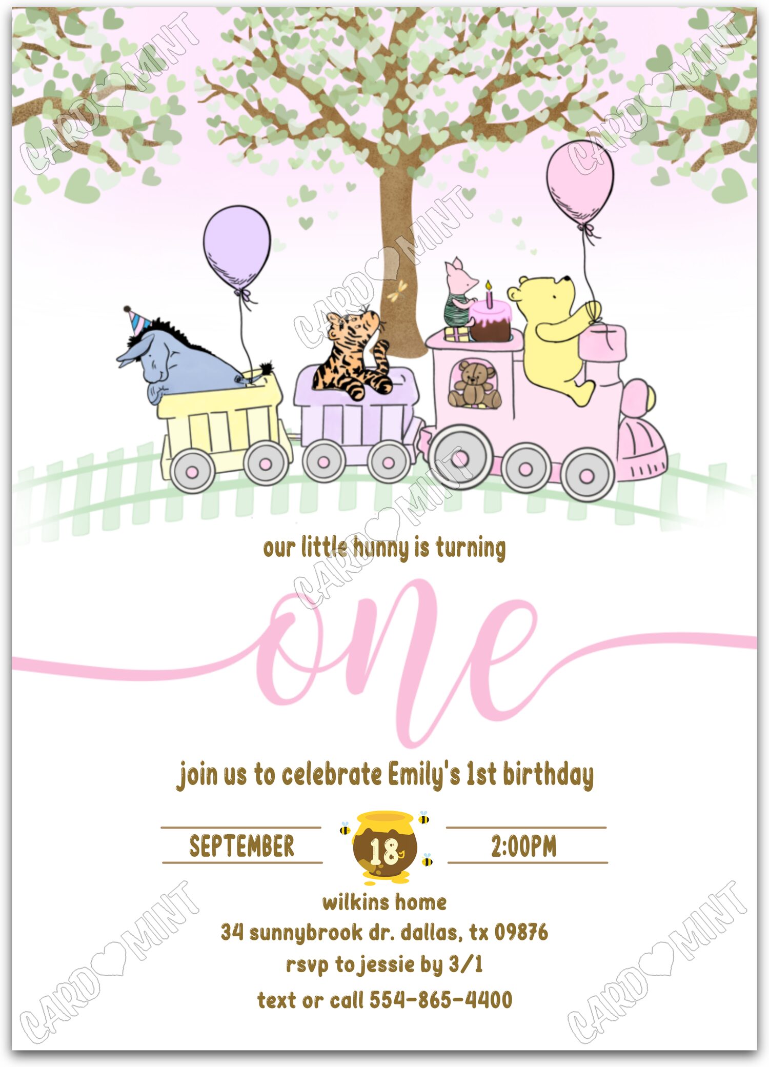 Editable Classic Pooh Train white classic Pooh & friends girl First Fête d'Anniversaire 5"x7" Invitation EV1498