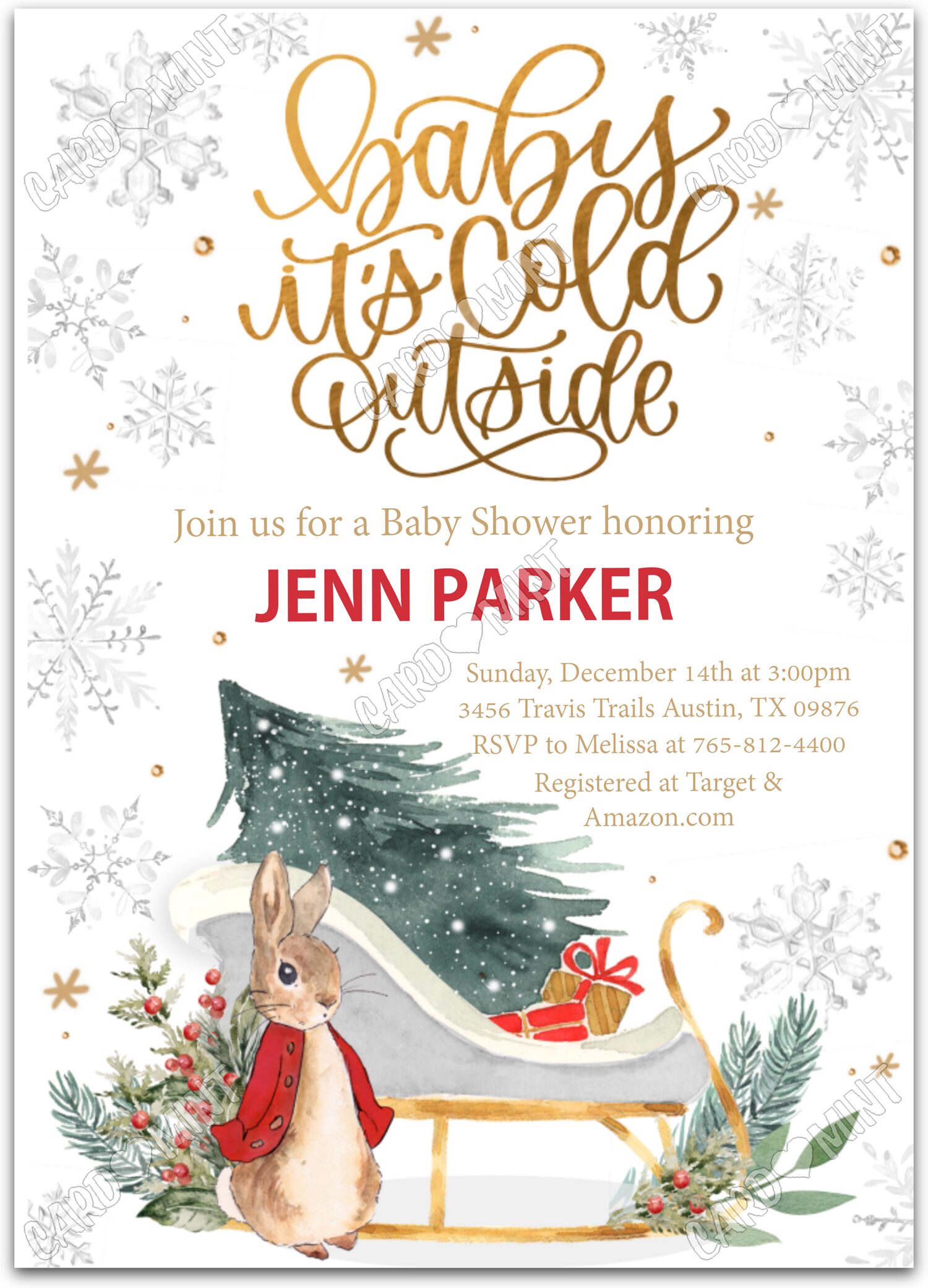 Editable Baby It's Cold Outside white Classic Peter Rabbit neutral Christmas Baby Shower 5"x7" Invitation EV1500