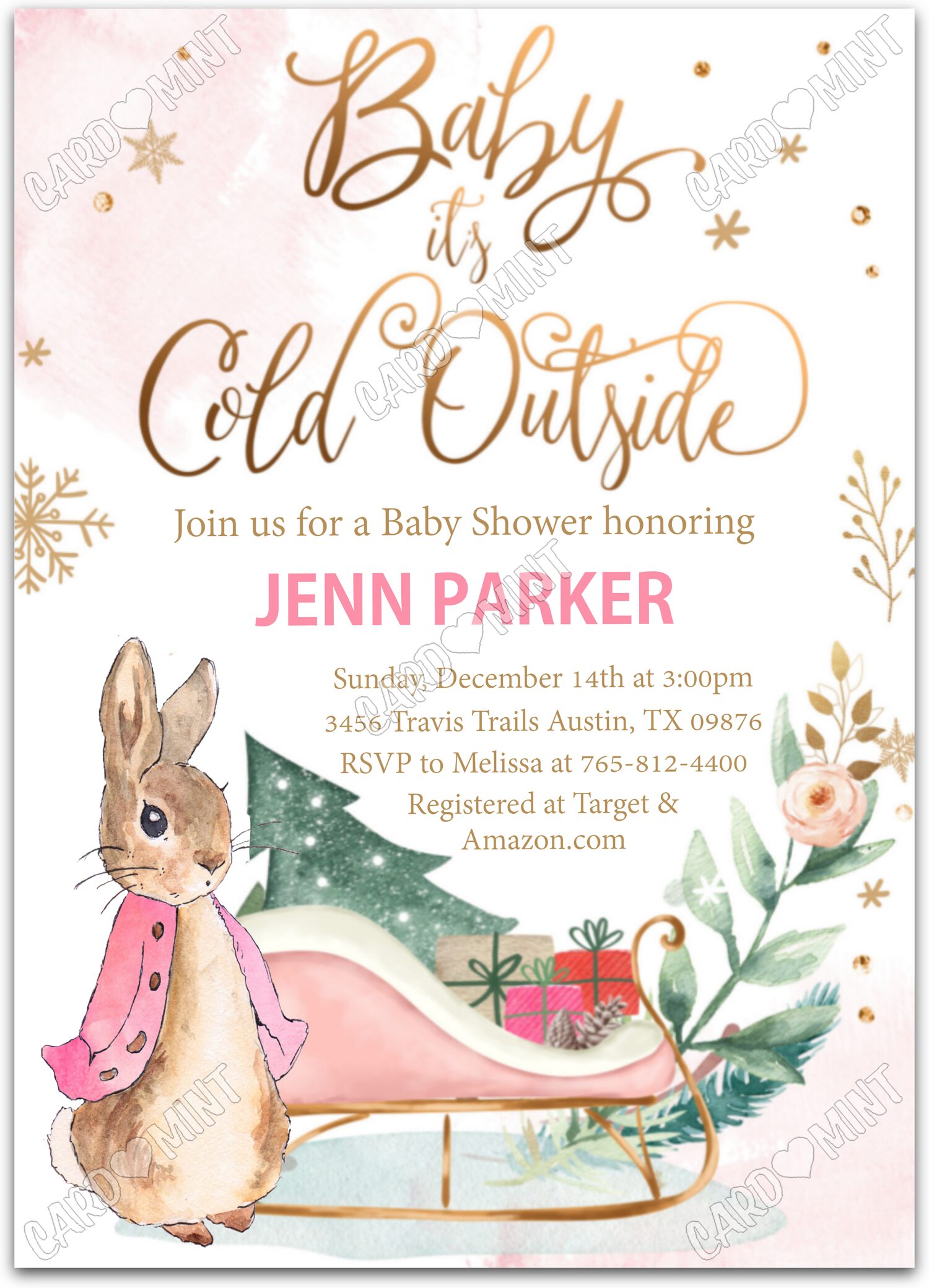 Editable Baby It's Cold Outside pink Classic Peter Rabbit girl winter Christmas Baby Shower 5"x7" Invitation EV1501