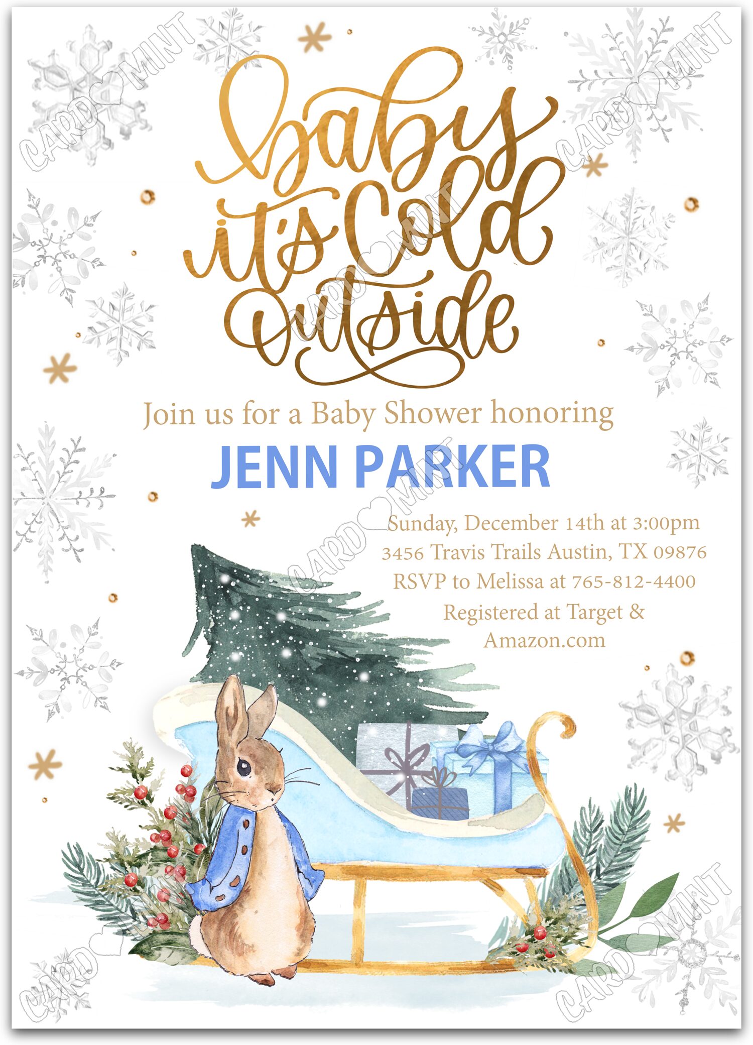 Editable Baby it's Cold Outside white Classic Peter Rabbit boy fall Christmas Douche de bébé 5"x7" Invitation EV1502