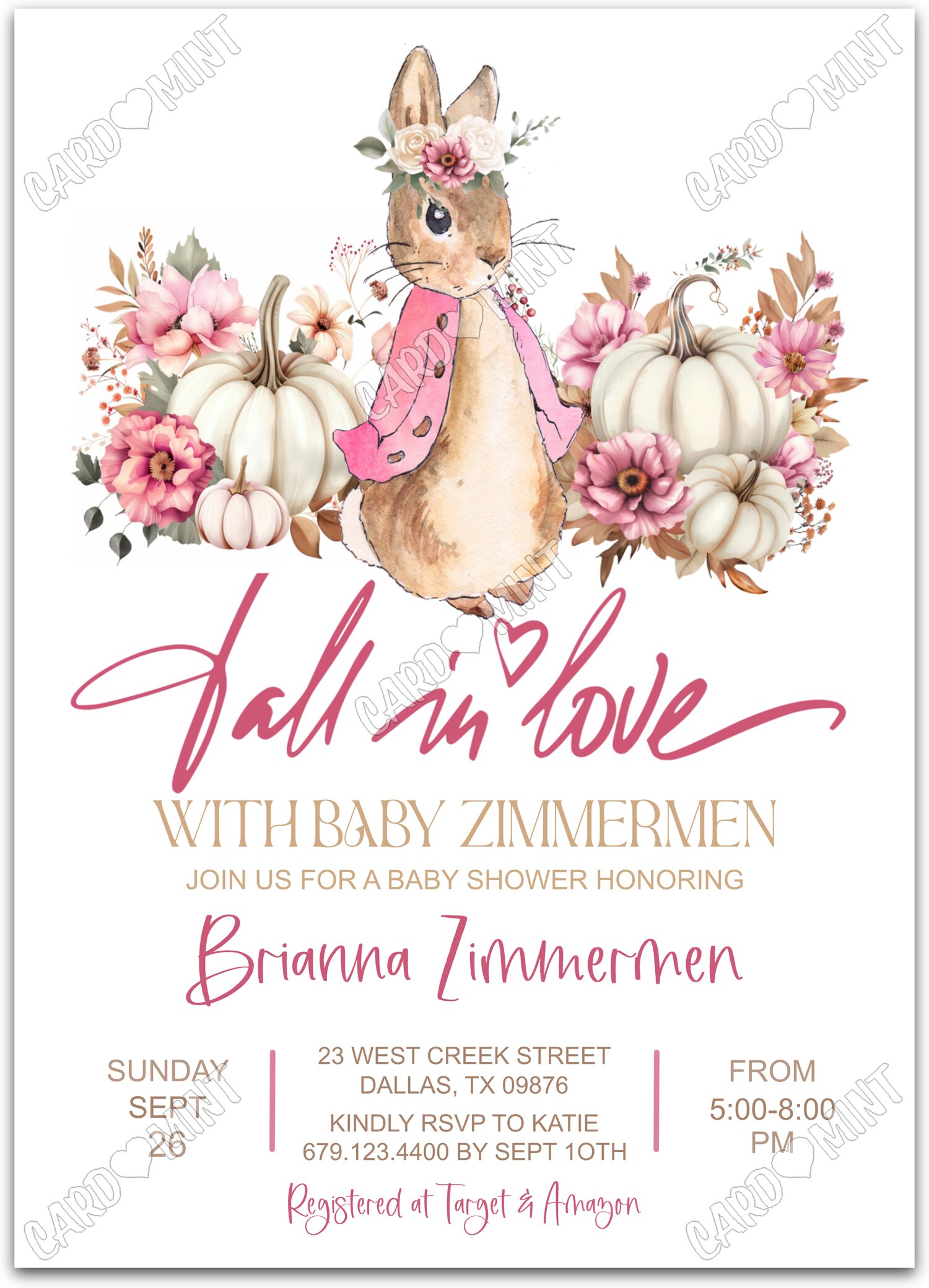 Editable Fall in Love white Classic Peter Rabbit girl fall Douche de bébé 5"x7" Invitation EV1503