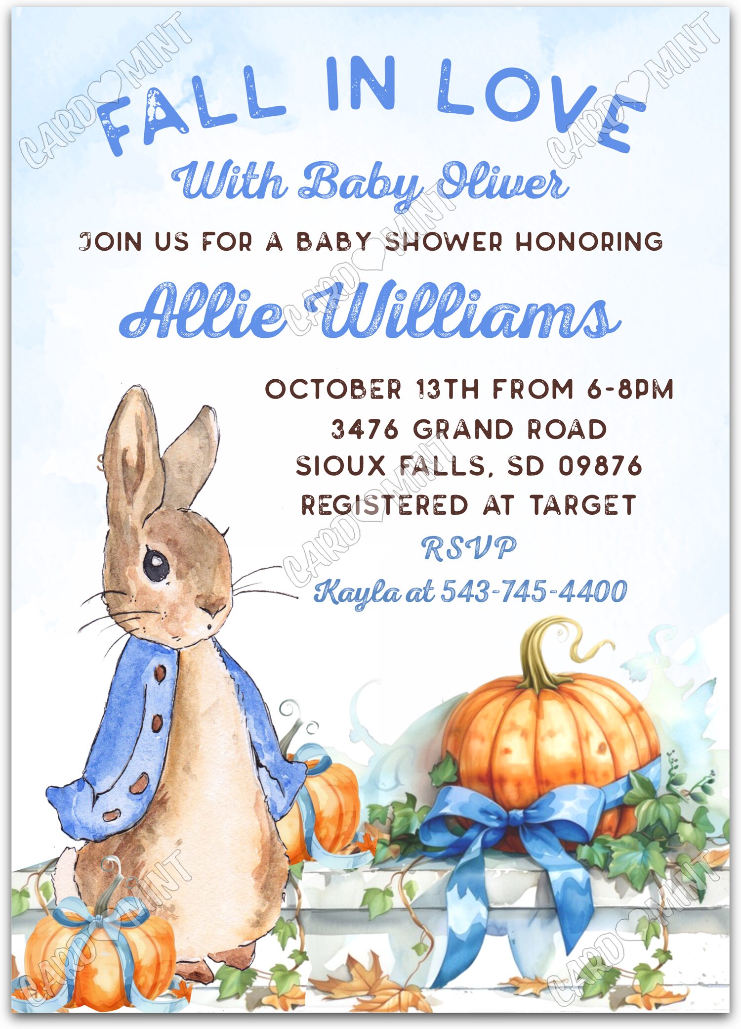 Editable Fall in Love blue Classic Peter Rabbit boy fall Douche de bébé 5"x7" Invitation EV1504