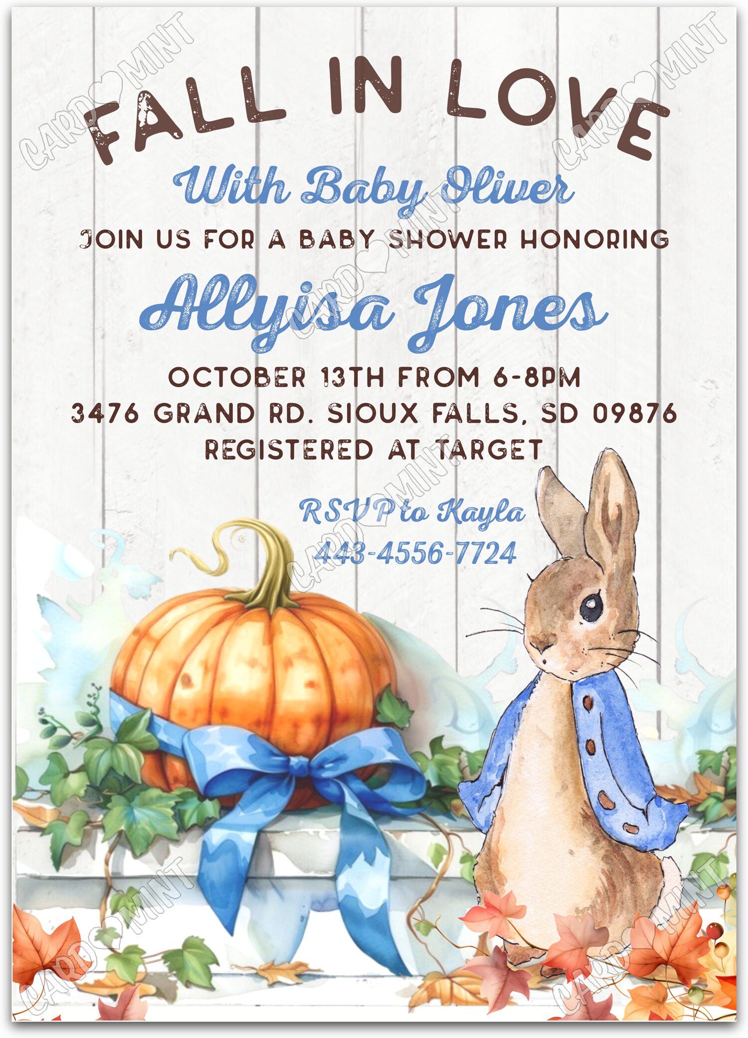 Editable Fall in Love blue Classic Peter Rabbit & wood pattern boy fall Baby Shower 5"x7" Invitation EV1505