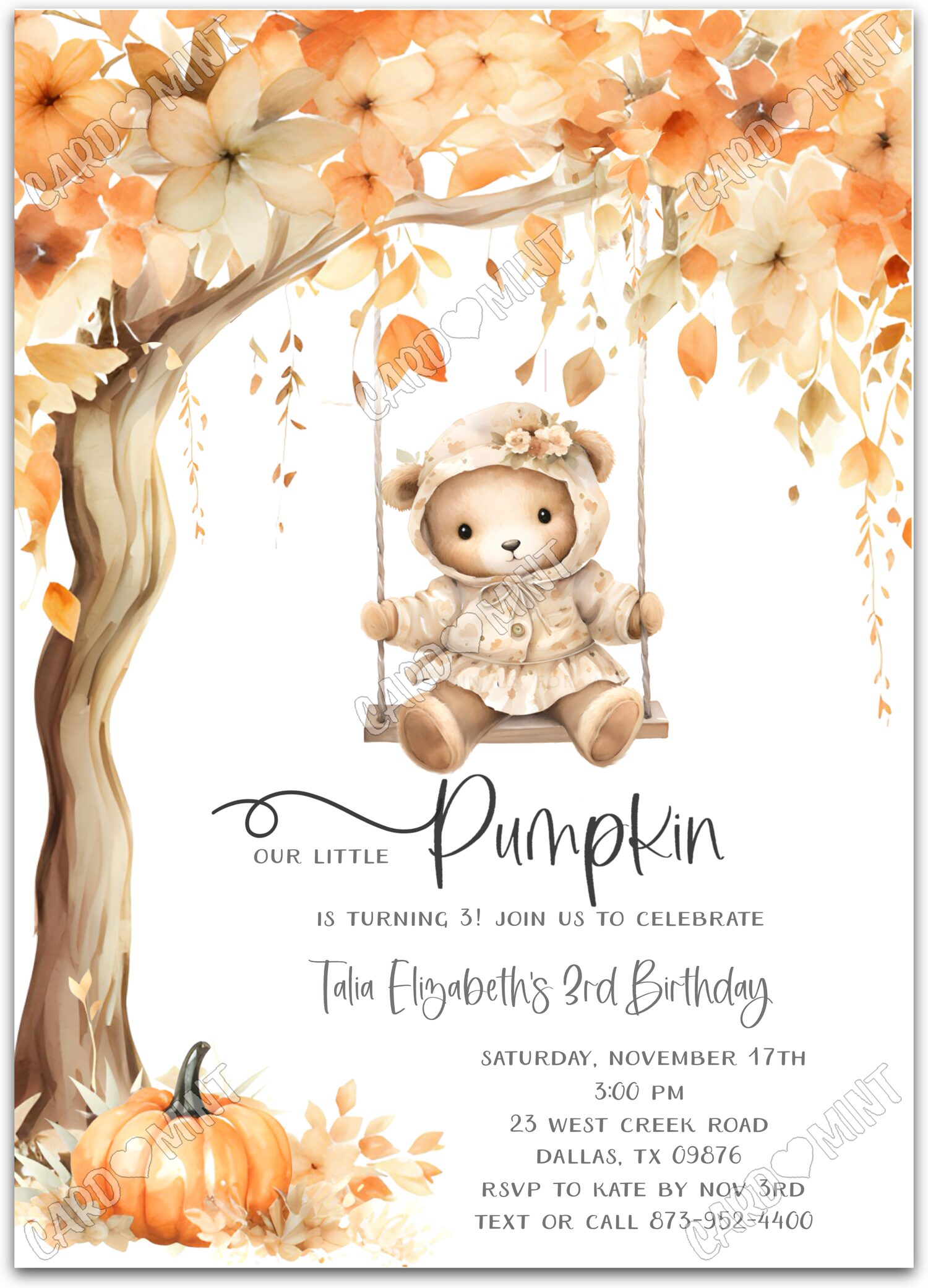 Editable Our Little Pumpkin white baby bear on swing girl fall 5"x7" Invitation EV1506