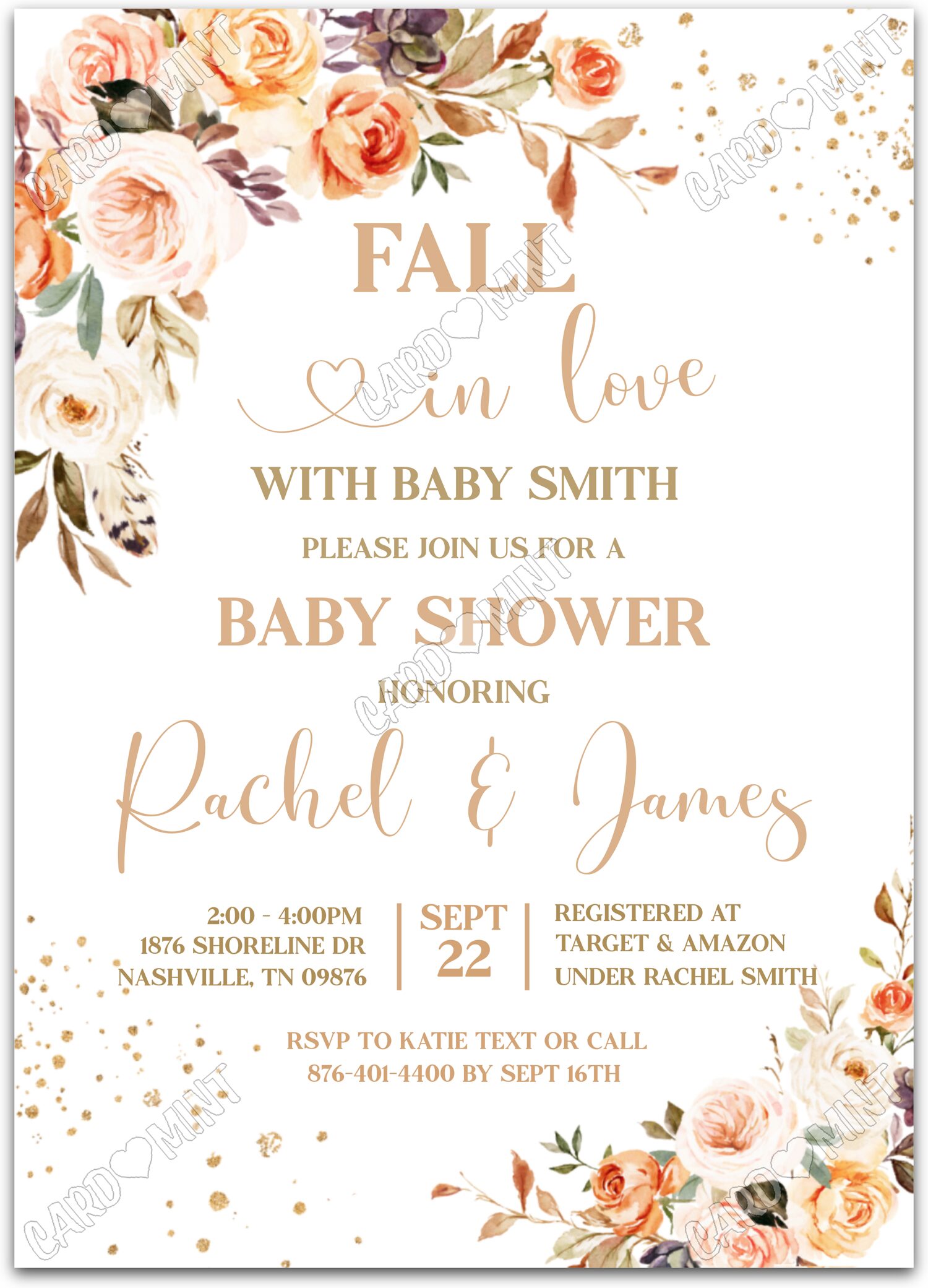 Editable Fall In Love white floral neutral fall Baby Shower 5"x7" Invitation EV1507