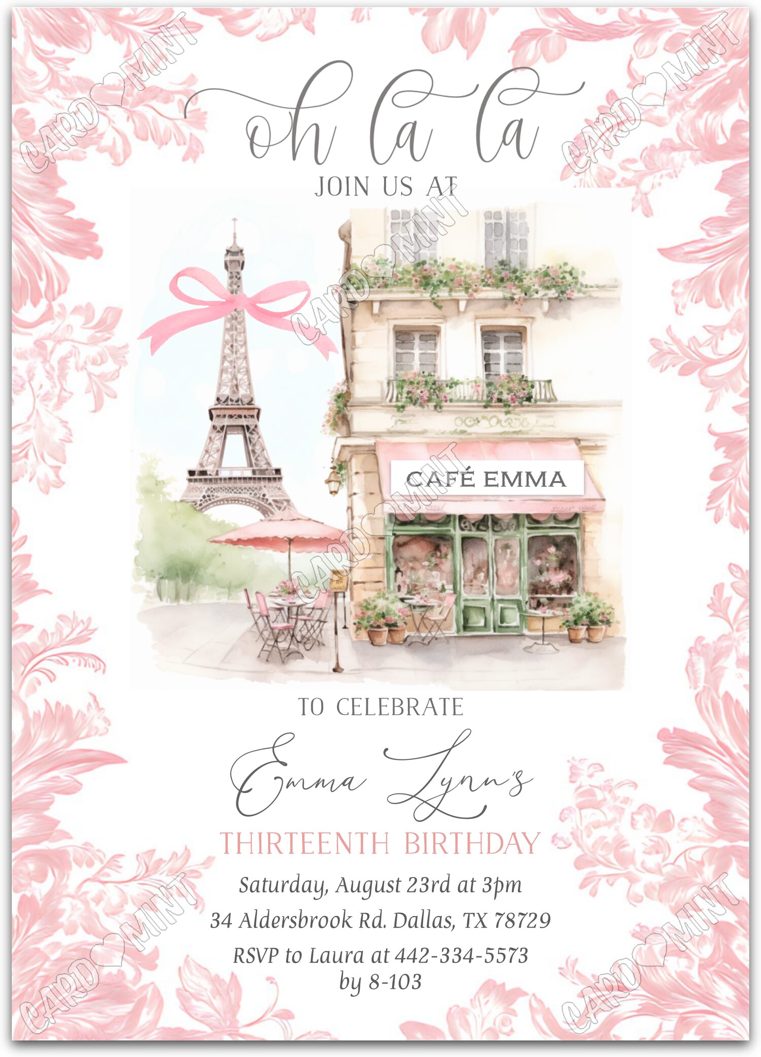 Editable Oh La La pink Paris Eiffel Tower & café girl 5"x7" Invitation EV1508