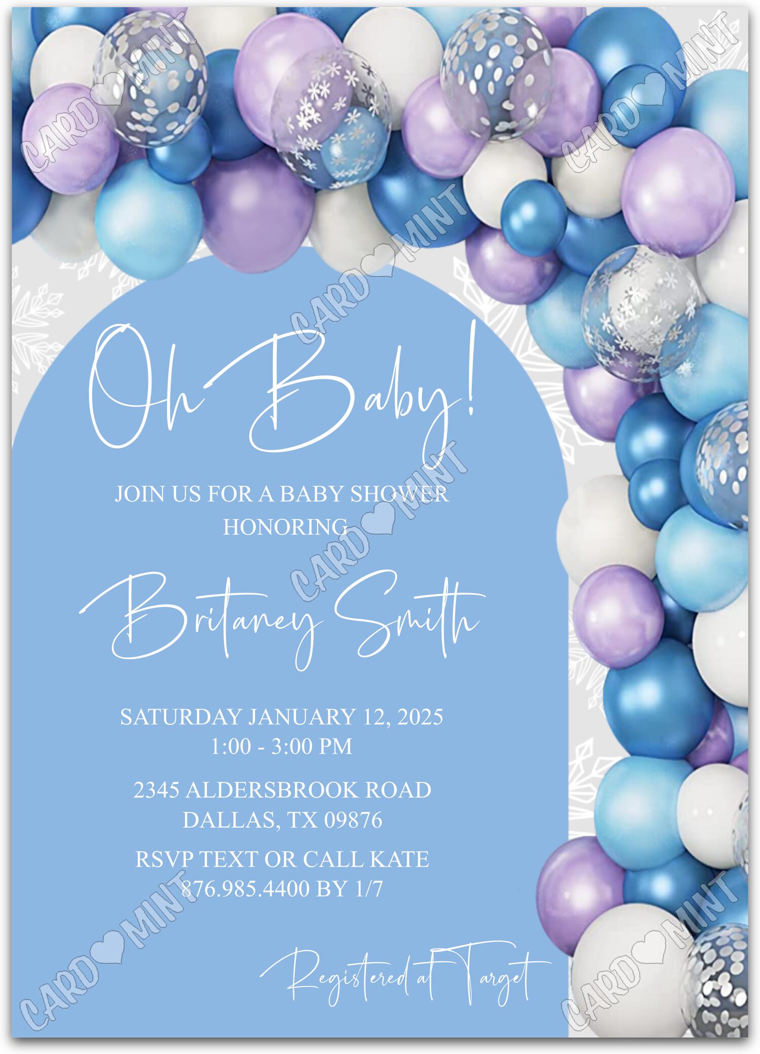 Editable Oh Baby! blue balloons & snowflakes neutral winter Baby Shower 5"x7" Invitation EV1509