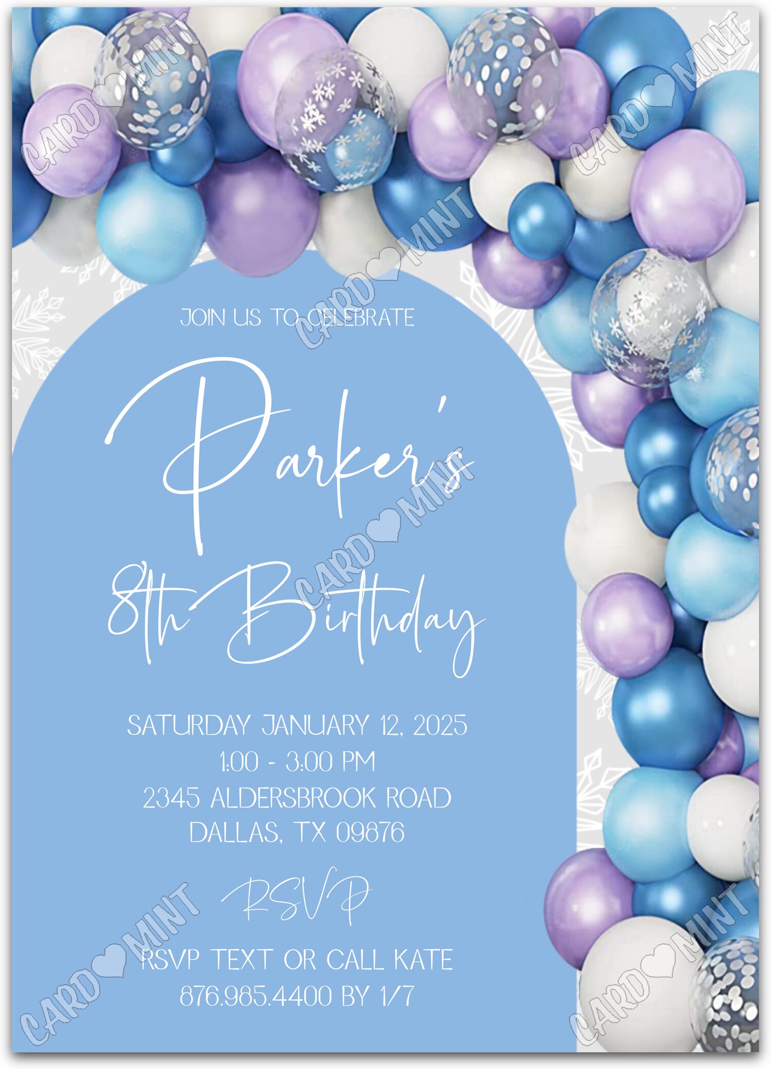 Editable Join us to Celebrate blue balloons & snowflakes girl winter 5"x7" Invitation EV1510