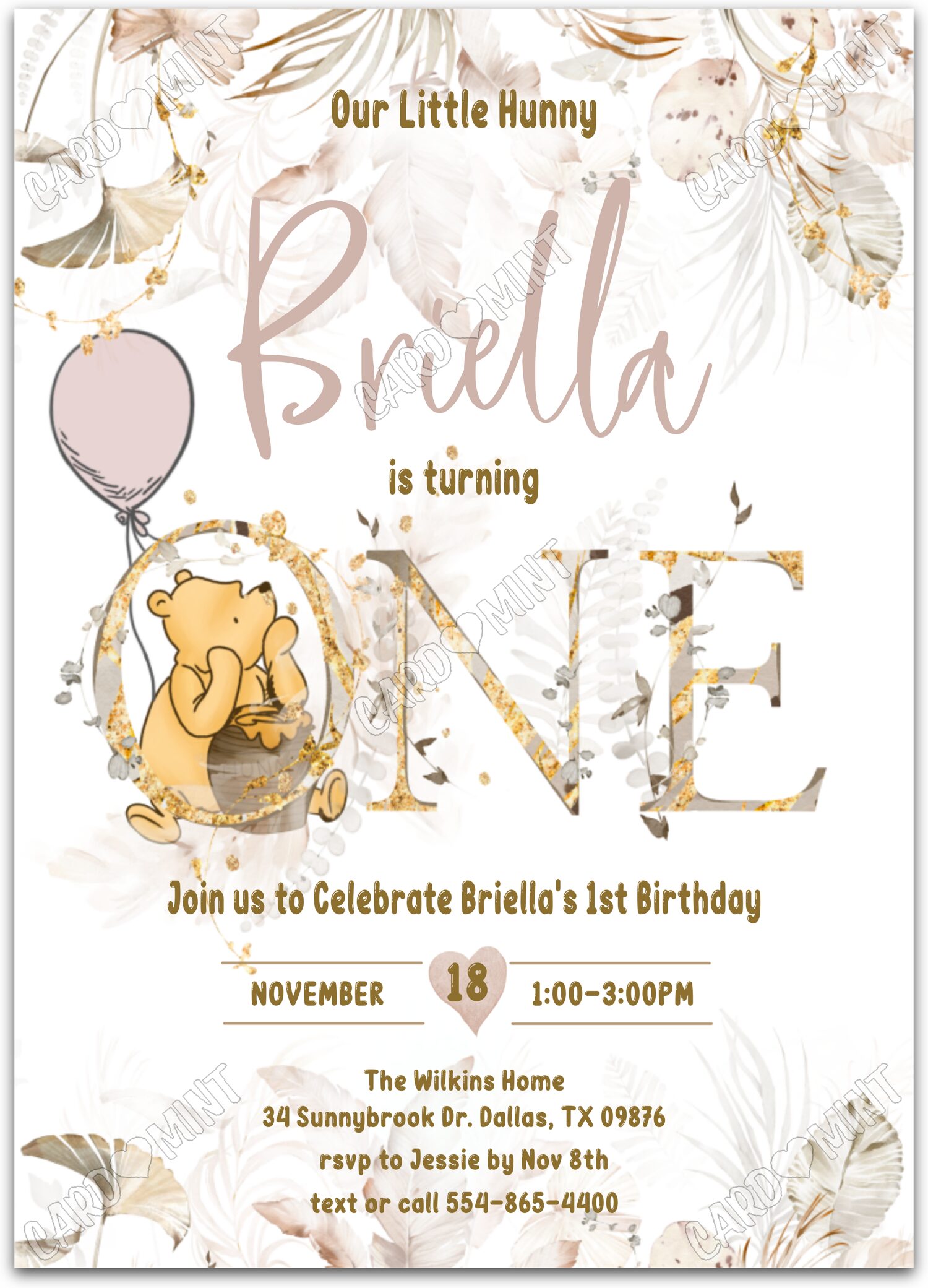 Editable Our Little Hunny beige classic Pooh & leaves girl First Fête d'Anniversaire 5"x7" Invitation EV1511