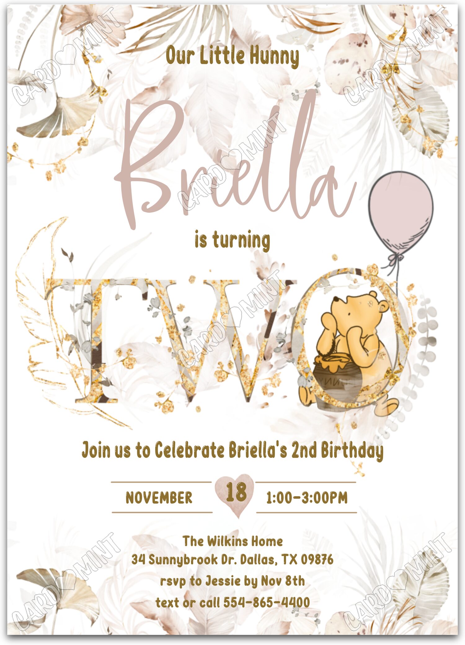 Editable Our Little Hunny gold classic Pooh & balloon girl 2nd Birthday Party 5"x7" Invitation EV1512