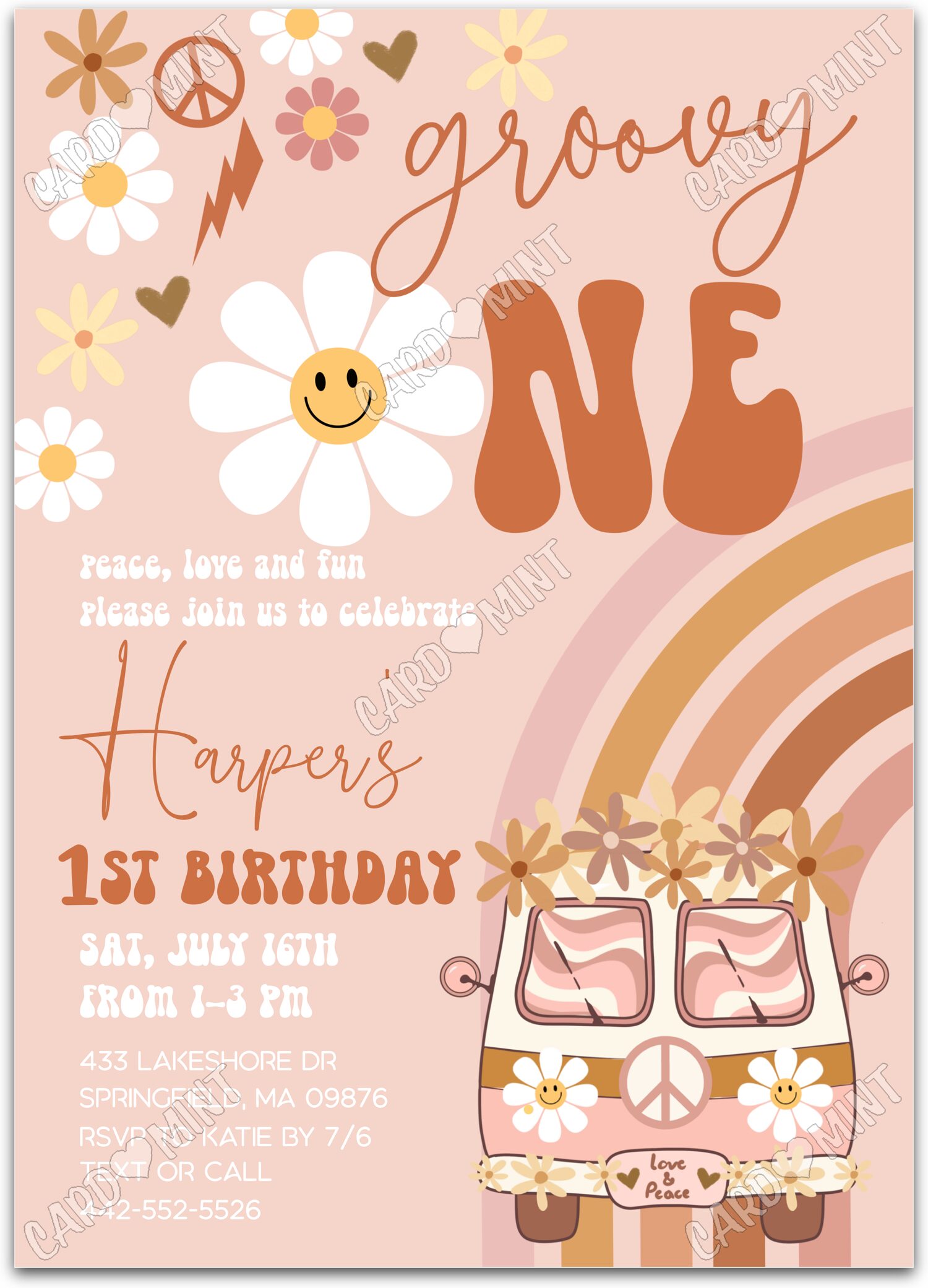 Editable Groovy One terracotta peace van & symbols girl First Birthday Party 5"x7" Invitation EV1514