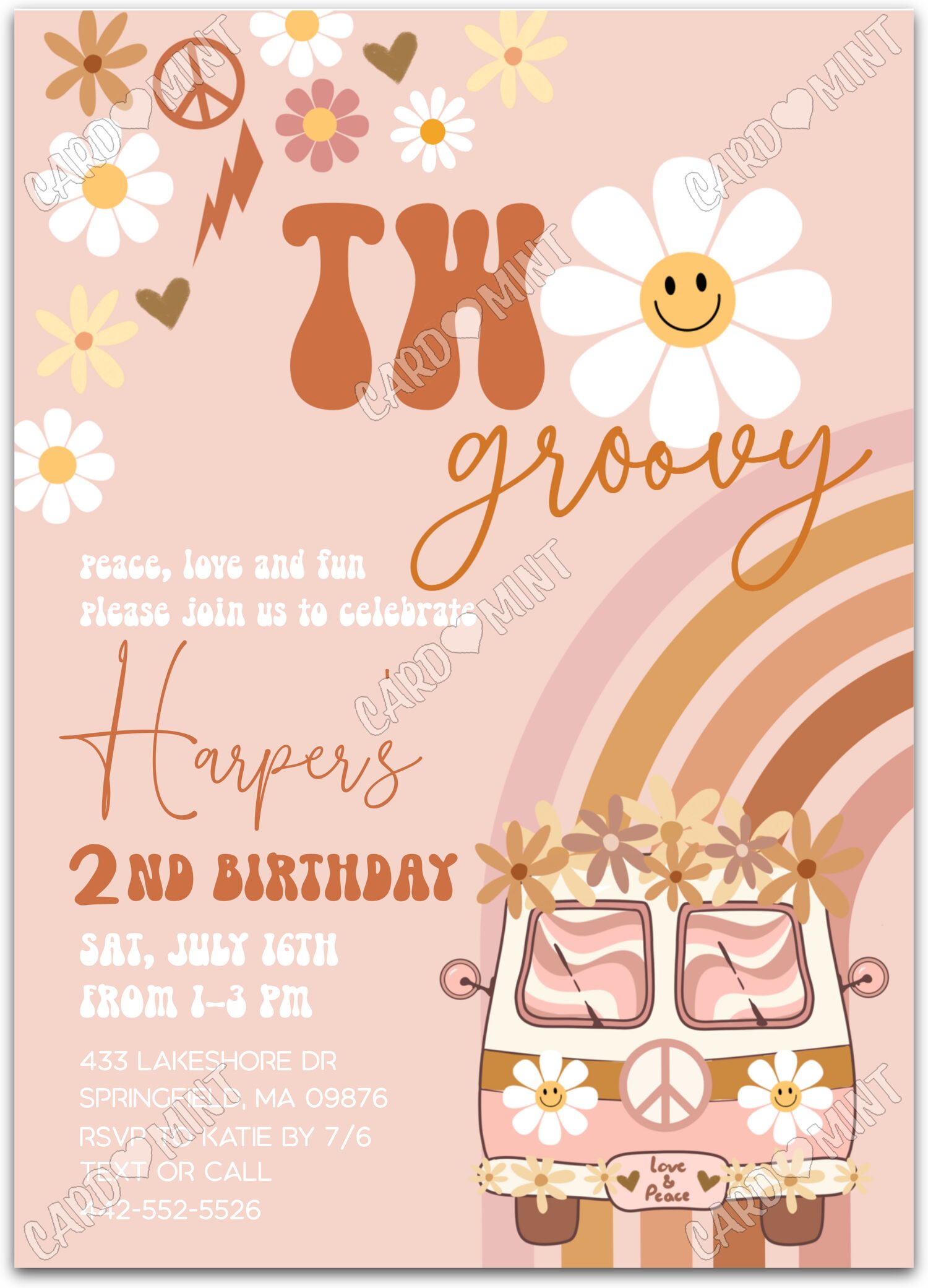 Editable Two Groovy terracotta peace van & symbols girl 2nd Birthday Party 5"x7" Invitation EV1515