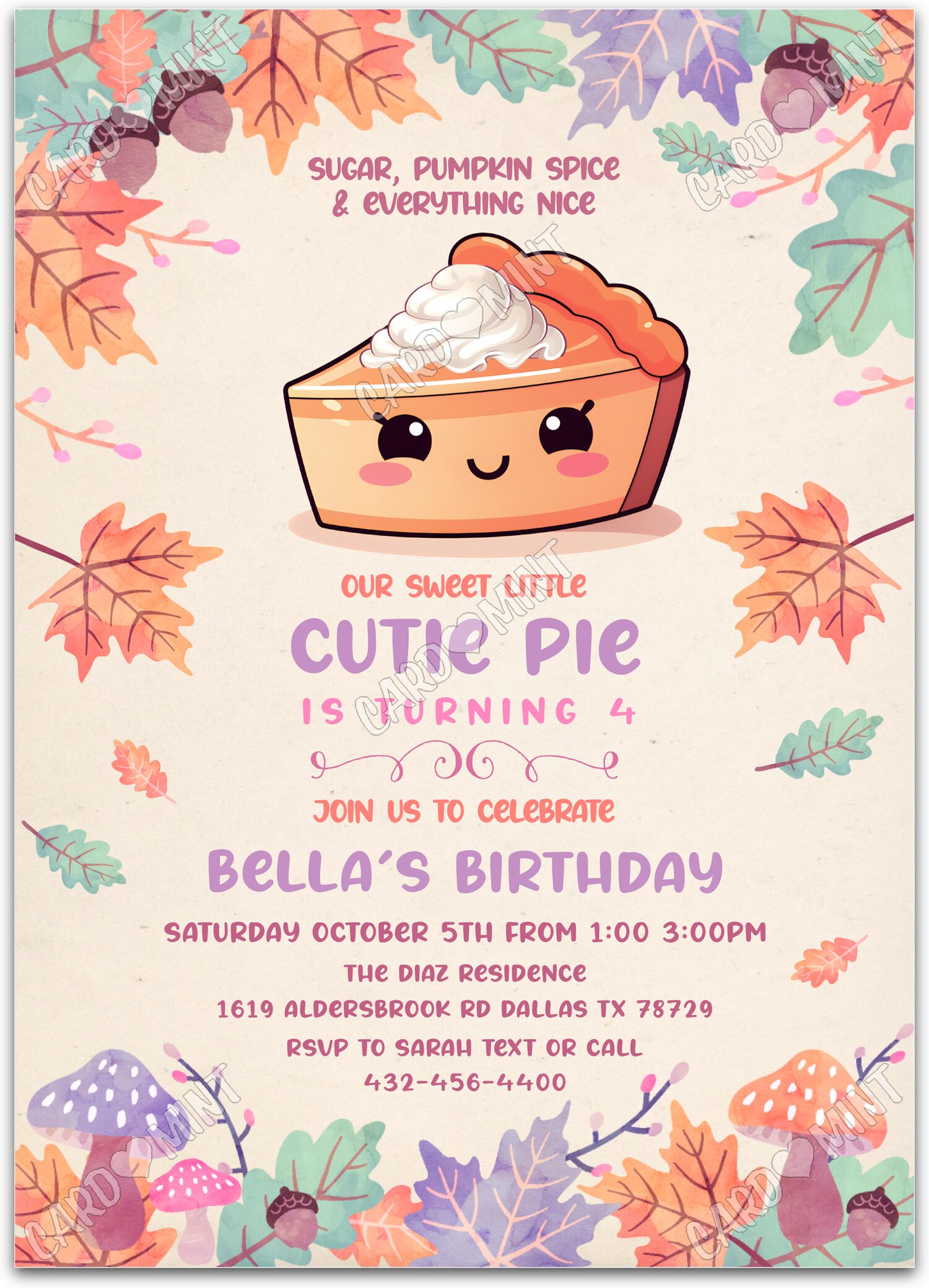 Editable Our Little Cutie Pie terracotta pie & fall leaves girl fall Birthday Party 5"x7" Invitation EV1518