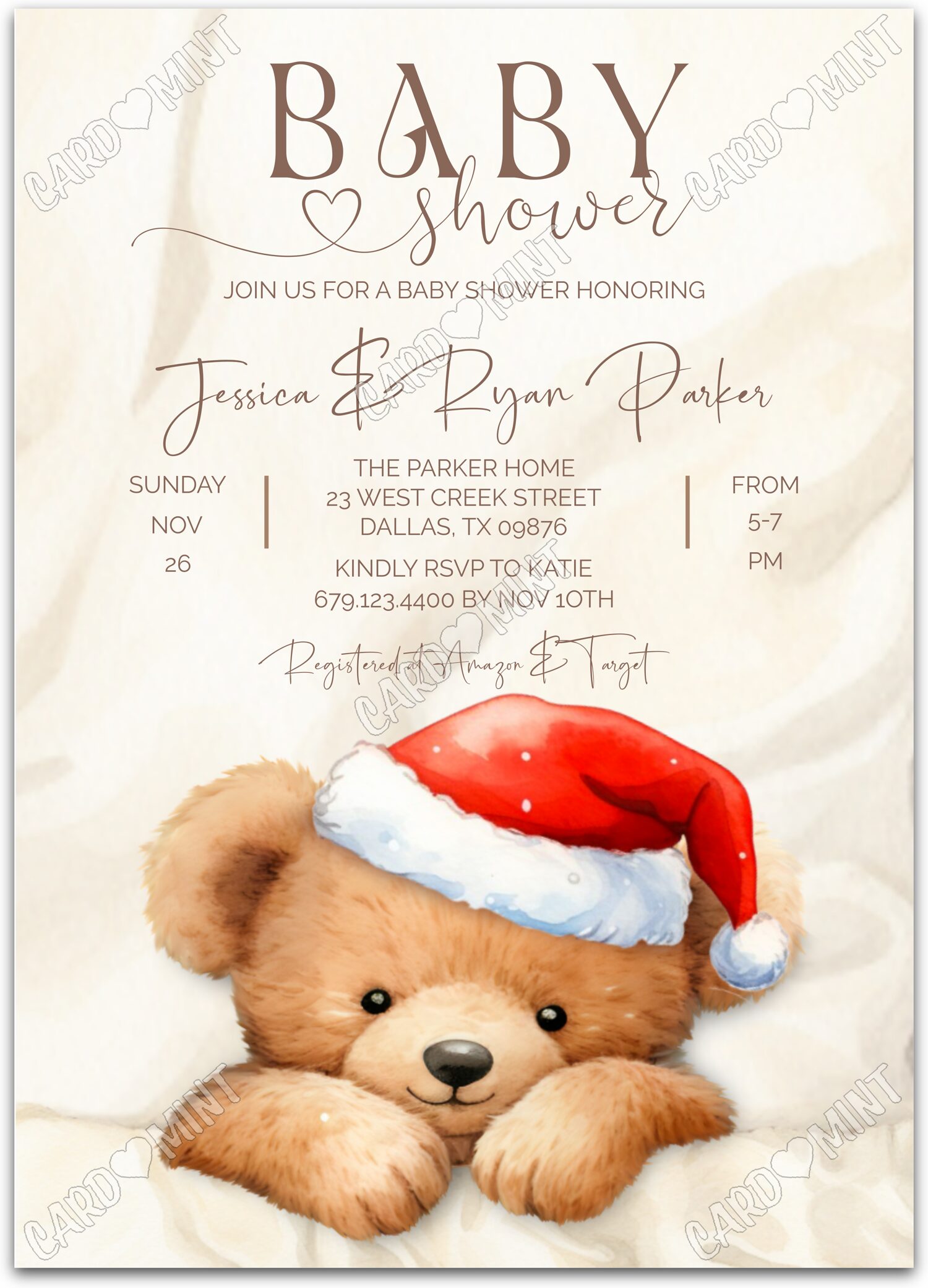 Editable Santa Bear beige teddy bear in santa hat neutral winter Christmas Baby Shower 5"x7" Invitation EV1520