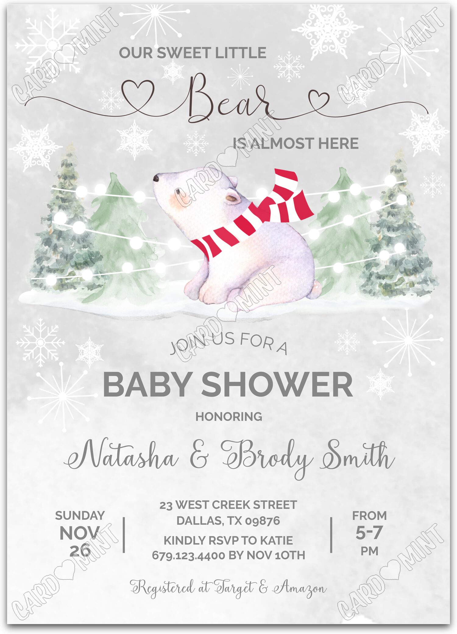 Editable Our Sweet Little Bear polar bear cub & snowflakes pattern neutral winter Douche de bébé 5"x7" Invitation EV1521