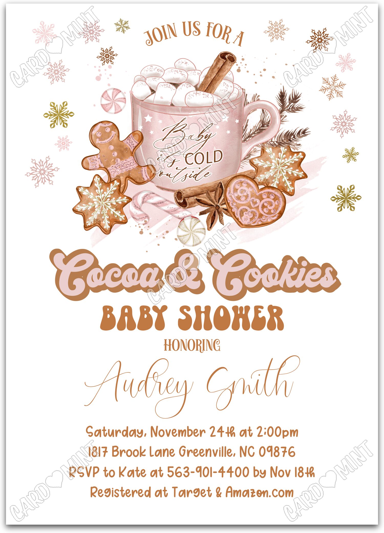 Editable Cocoa & Cookies white cocoa & cookies girl winter Baby Shower 5"x7" Invitation EV1522