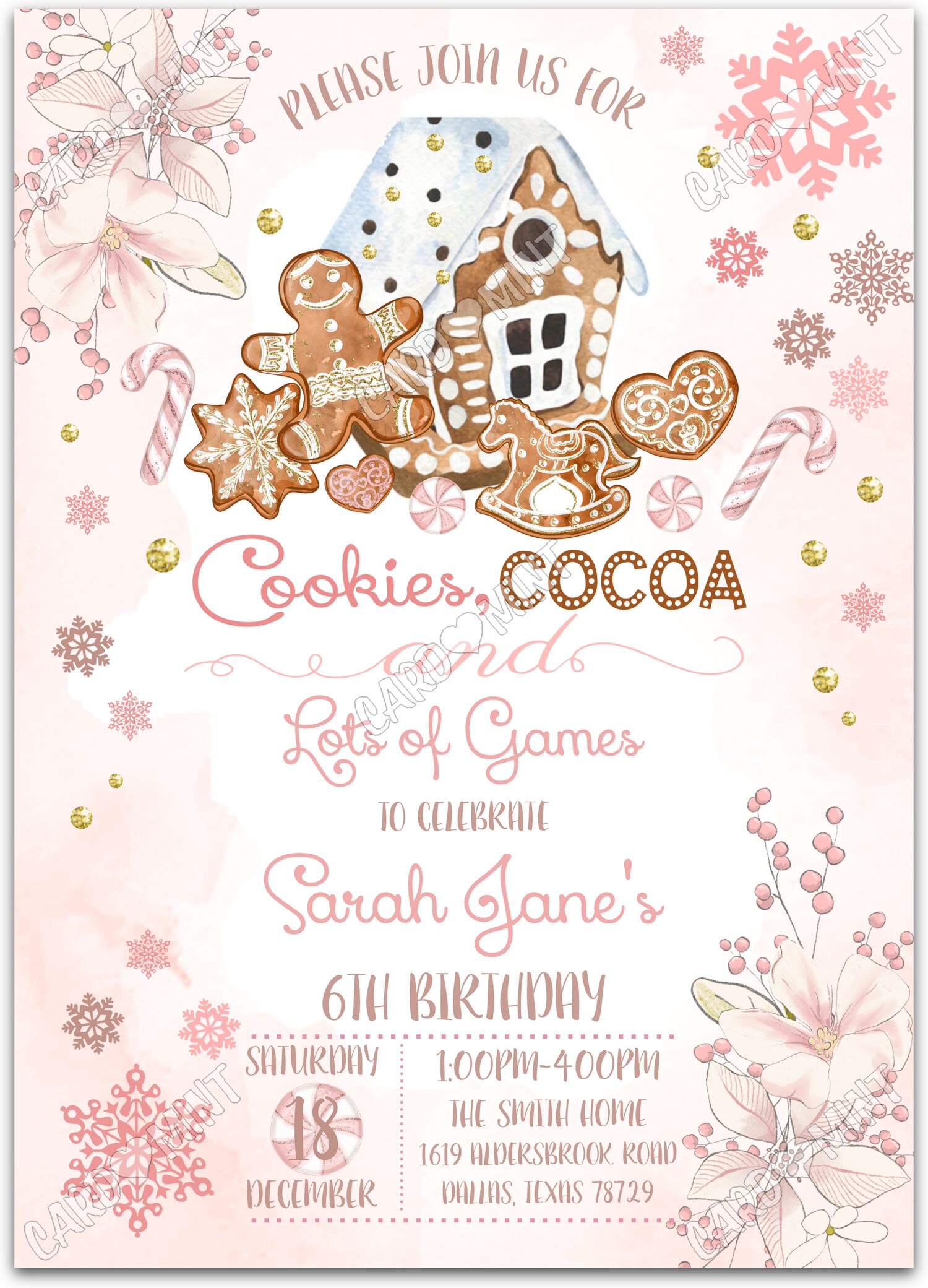 Editable Cookies & Cocoa pink cookies & cocoa girl winter Birthday Party 5"x7" Invitation EV1523