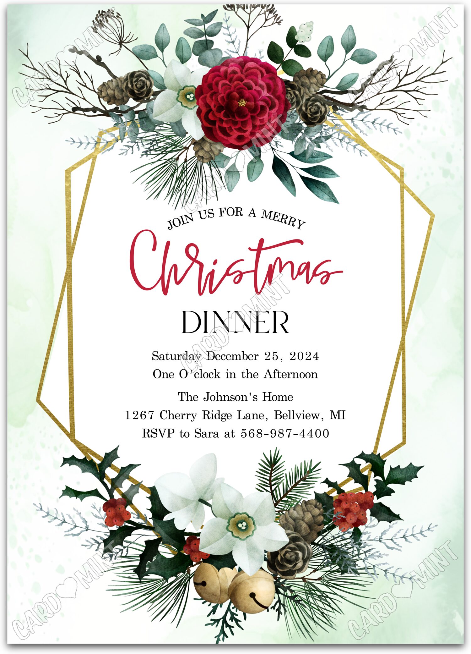 Editable Christmas Dinner green Christmas dinner winter 5"x7" Invitation EV1524