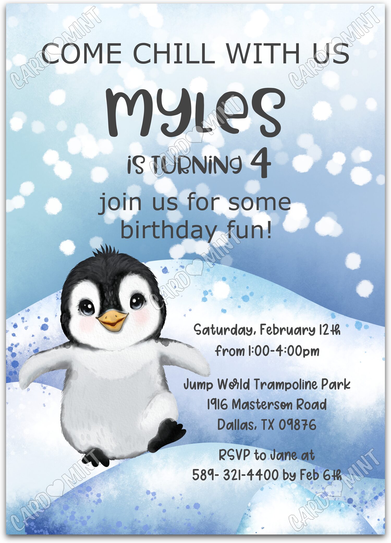 Editable Come Chill With Us blue baby penguin boy winter Birthday Party 5"x7" Invitation EV1527