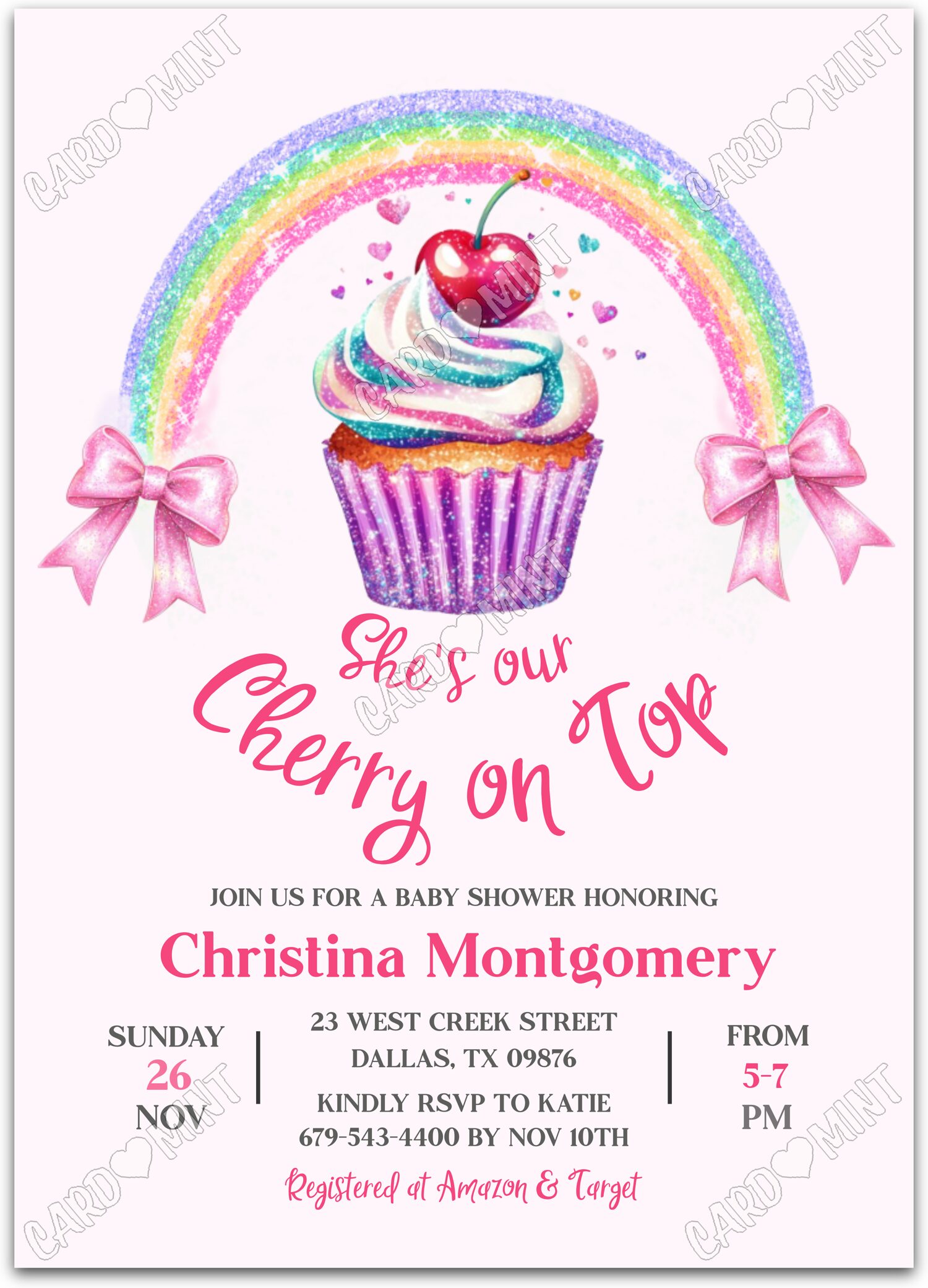 Editable Cherry on Top pink cupcake & rainbow girl Baby Shower 5"x7" Invitation EV1529