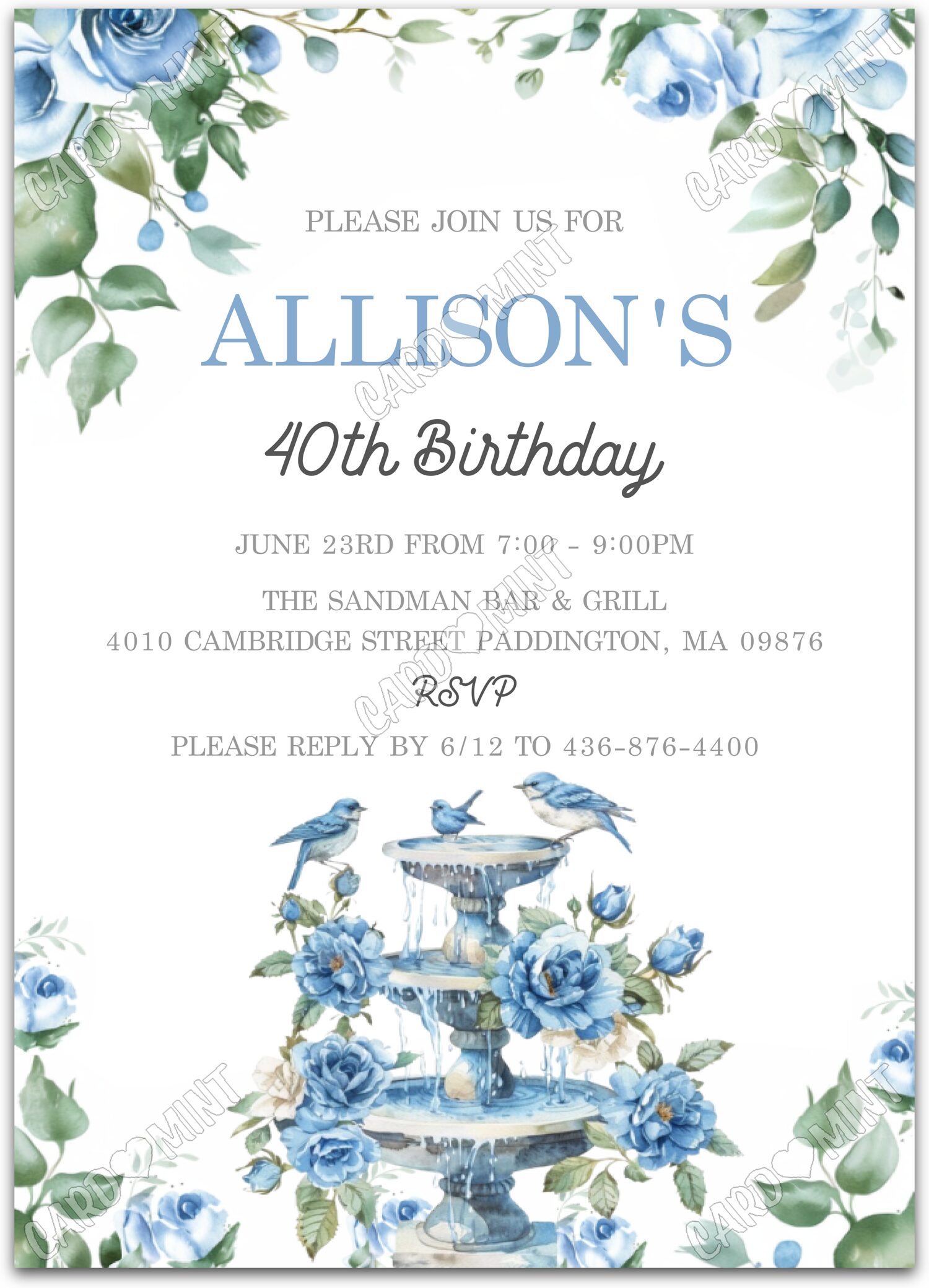 Editable Blue Bird Garden white bluebirds and blue roses woman Adult Birthday Party 5"x7" Invitation EV1530