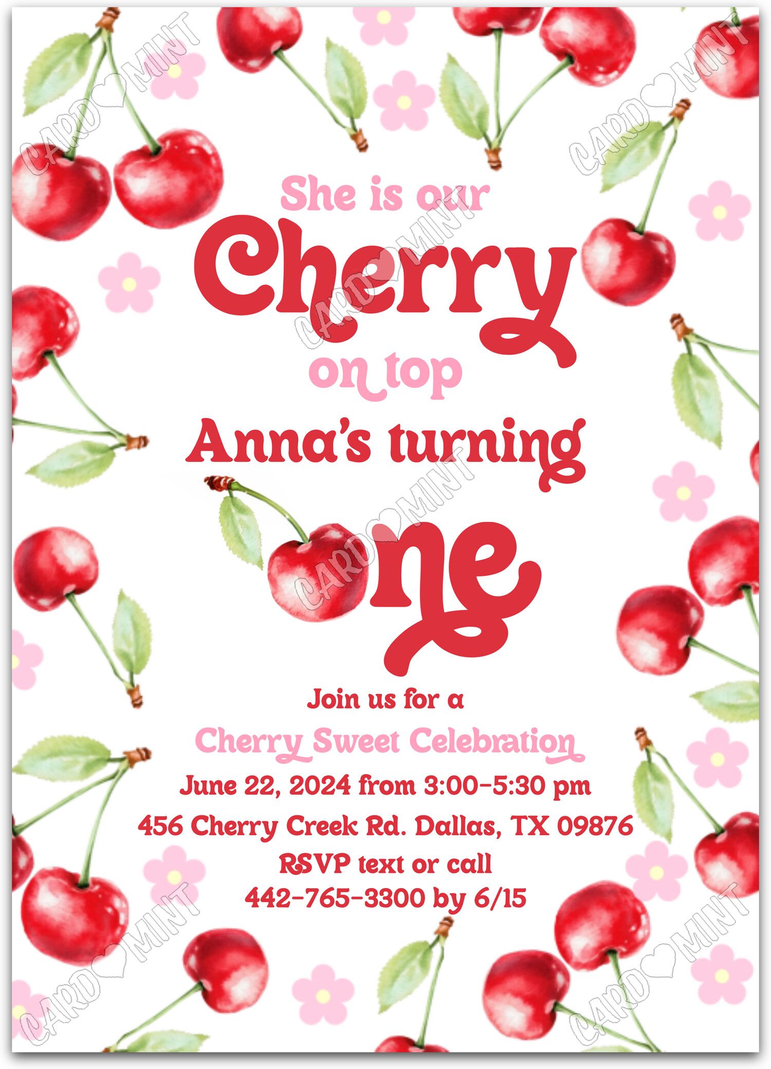 Editable Cherry on Top white cherries & pink flowers girl First Fête d'Anniversaire 5"x7" Invitation EV1533