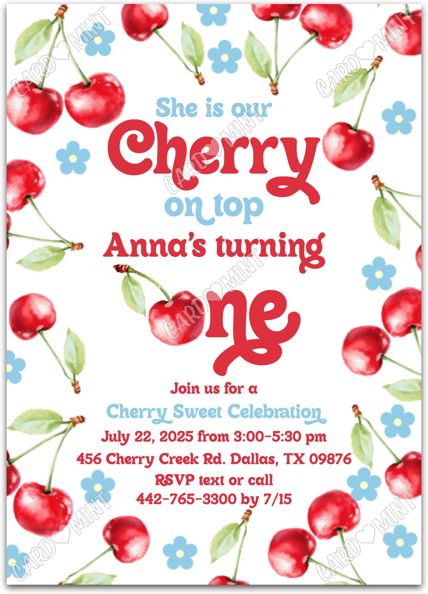 Editable Cherry on Top white cherries & blue flowers girl First Birthday Party 5"x7" Invitation EV1534