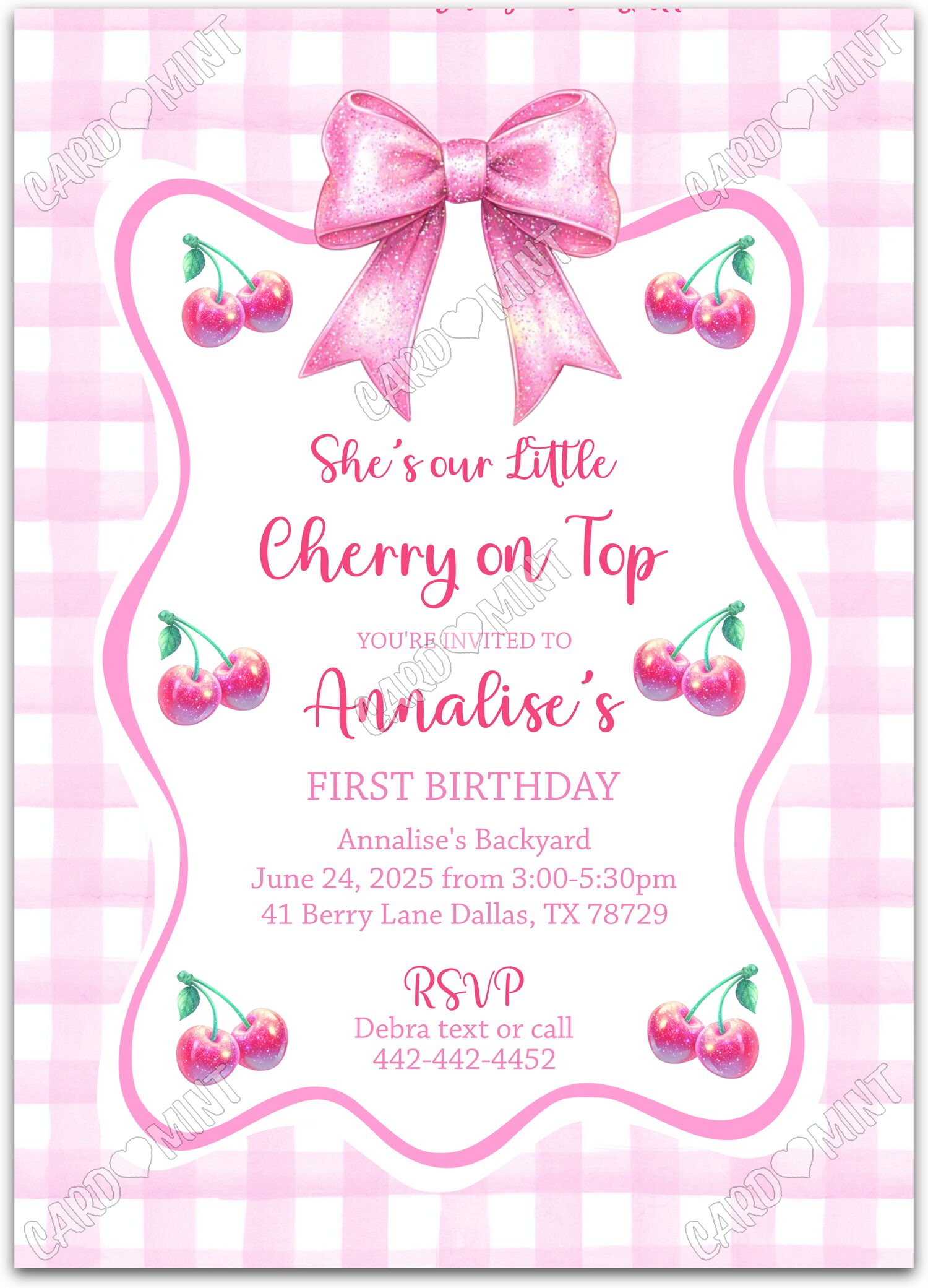 Editable Cherry on Top pink cherries & gingham pattern girl Birthday Party 5"x7" Invitation EV1537