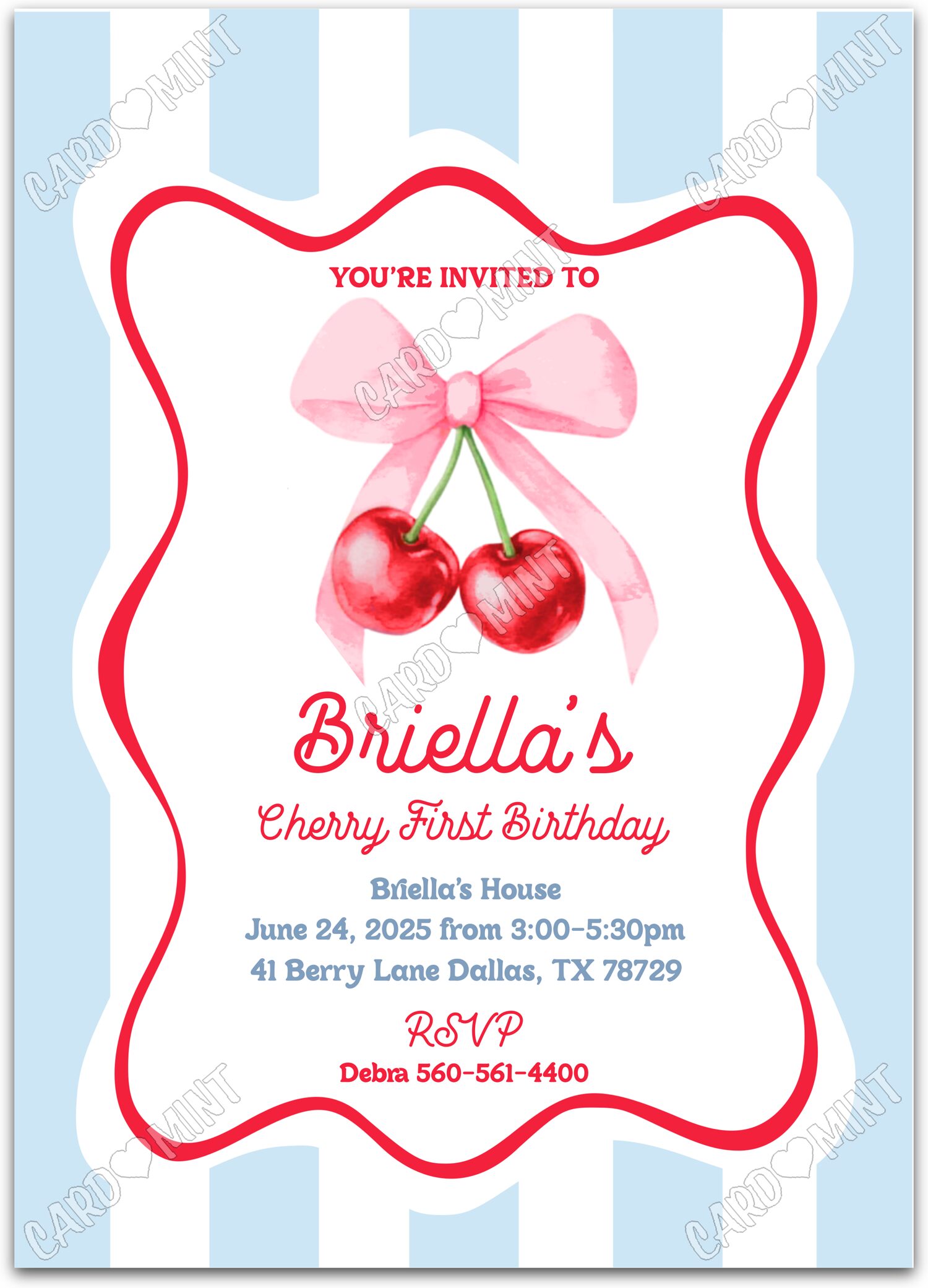 Editable Cherry First Birthday blue cherries & bow & striped pattern girl First Fête d'Anniversaire 5"x7" Invitation EV1540