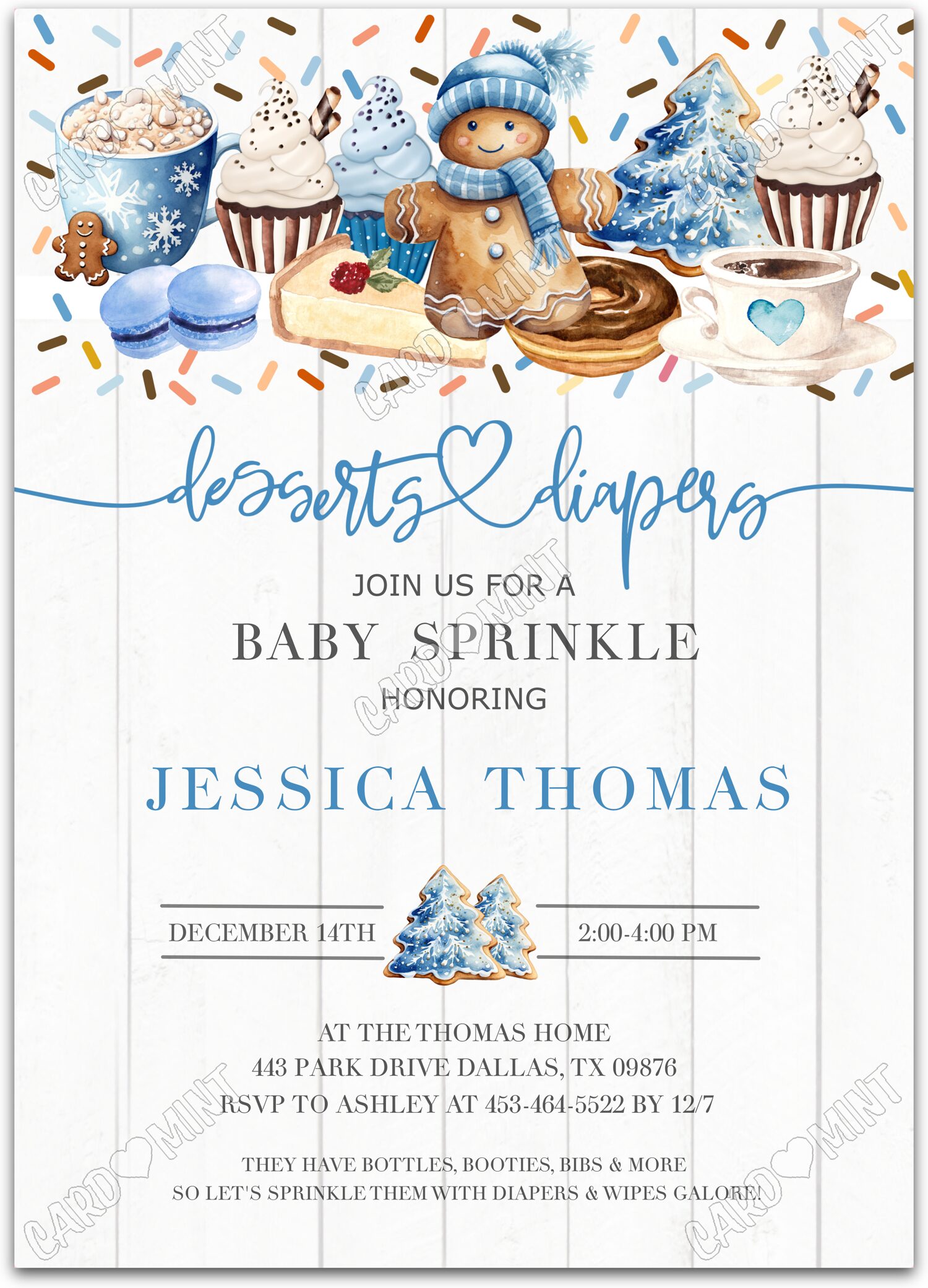 Editable Desserts and Diapers white gingerbread man boy winter Baby Sprinkle 5"x7" Invitation EV1541