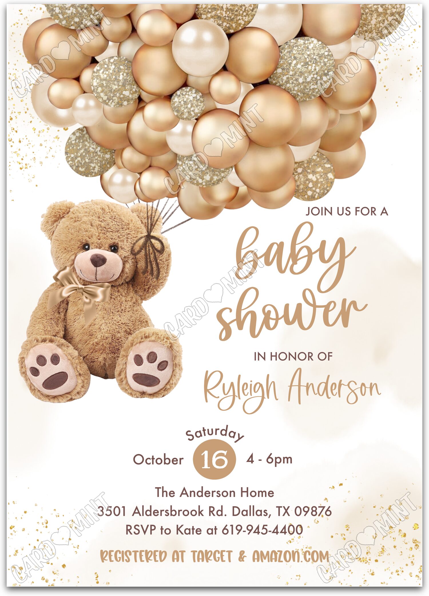 Editable Landing Soon gold teddy bear & balloons neutral Douche de bébé 5"x7" Invitation EV1542