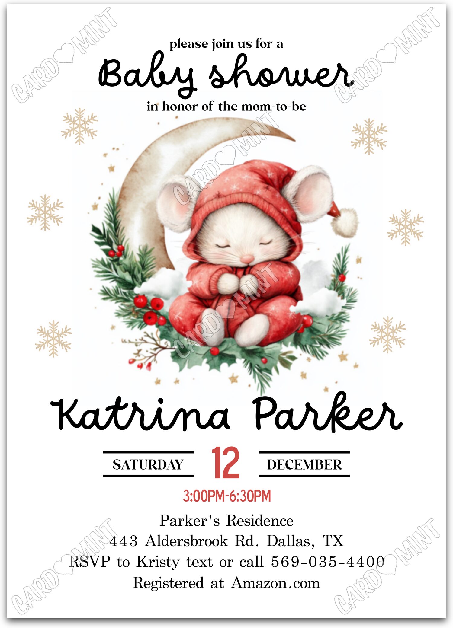 Editable Christmas Mouse white moon & stars neutral Christmas Baby Shower 5"x7" Invitation EV1547