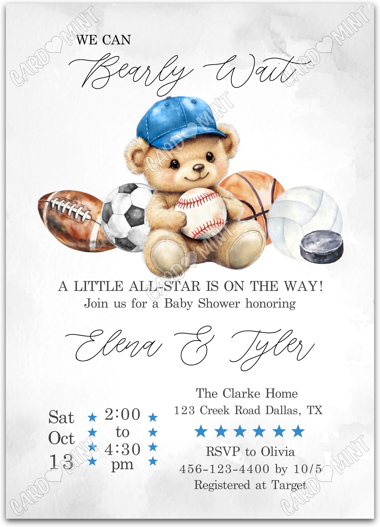 Editable Little All-Star white all-star teddy bear boy Baby Shower 5"x7" Invitation EV1548