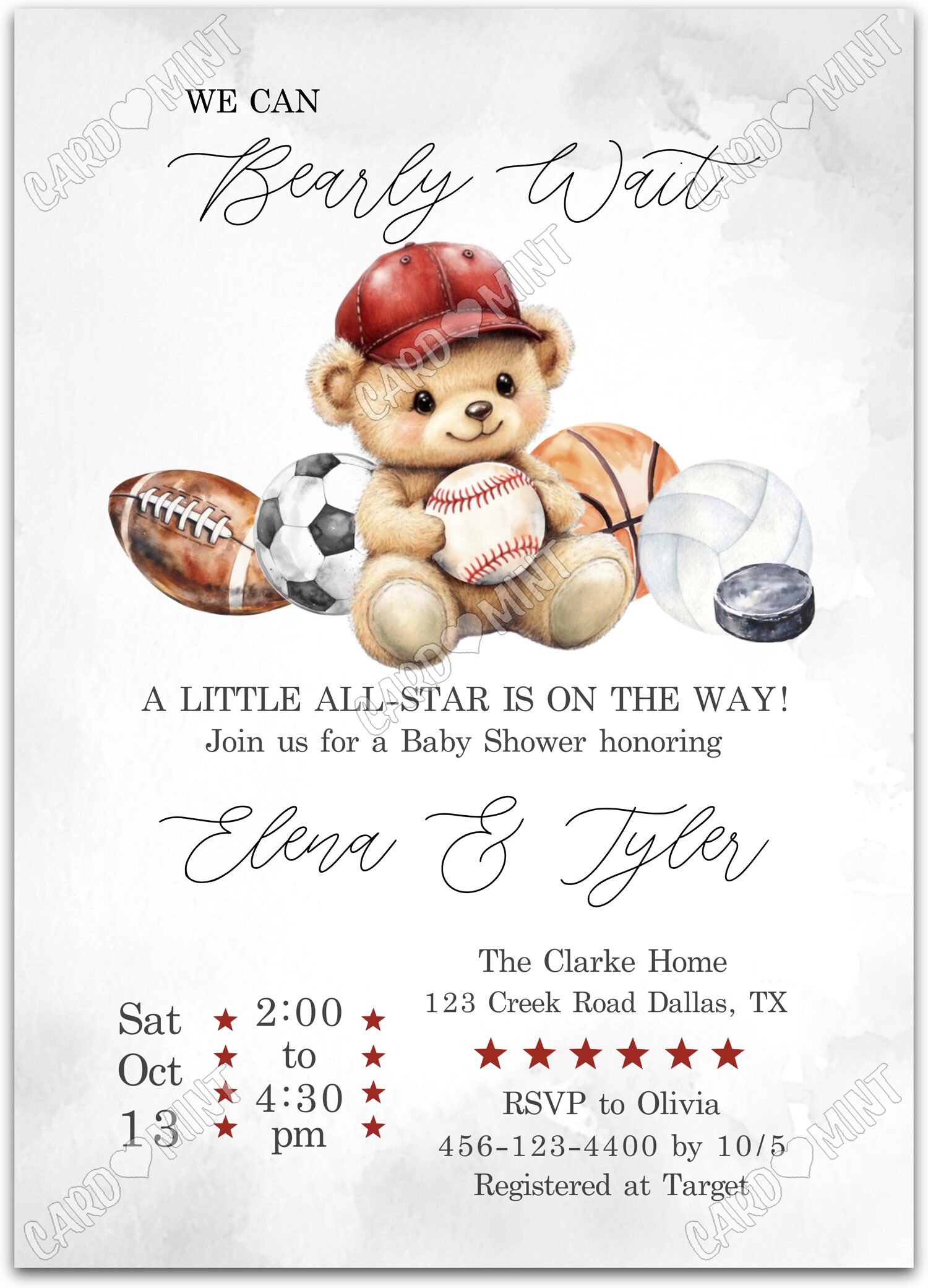 Editable Little All-Star white all-star teddy bear boy Baby Shower 5"x7" Invitation EV1549