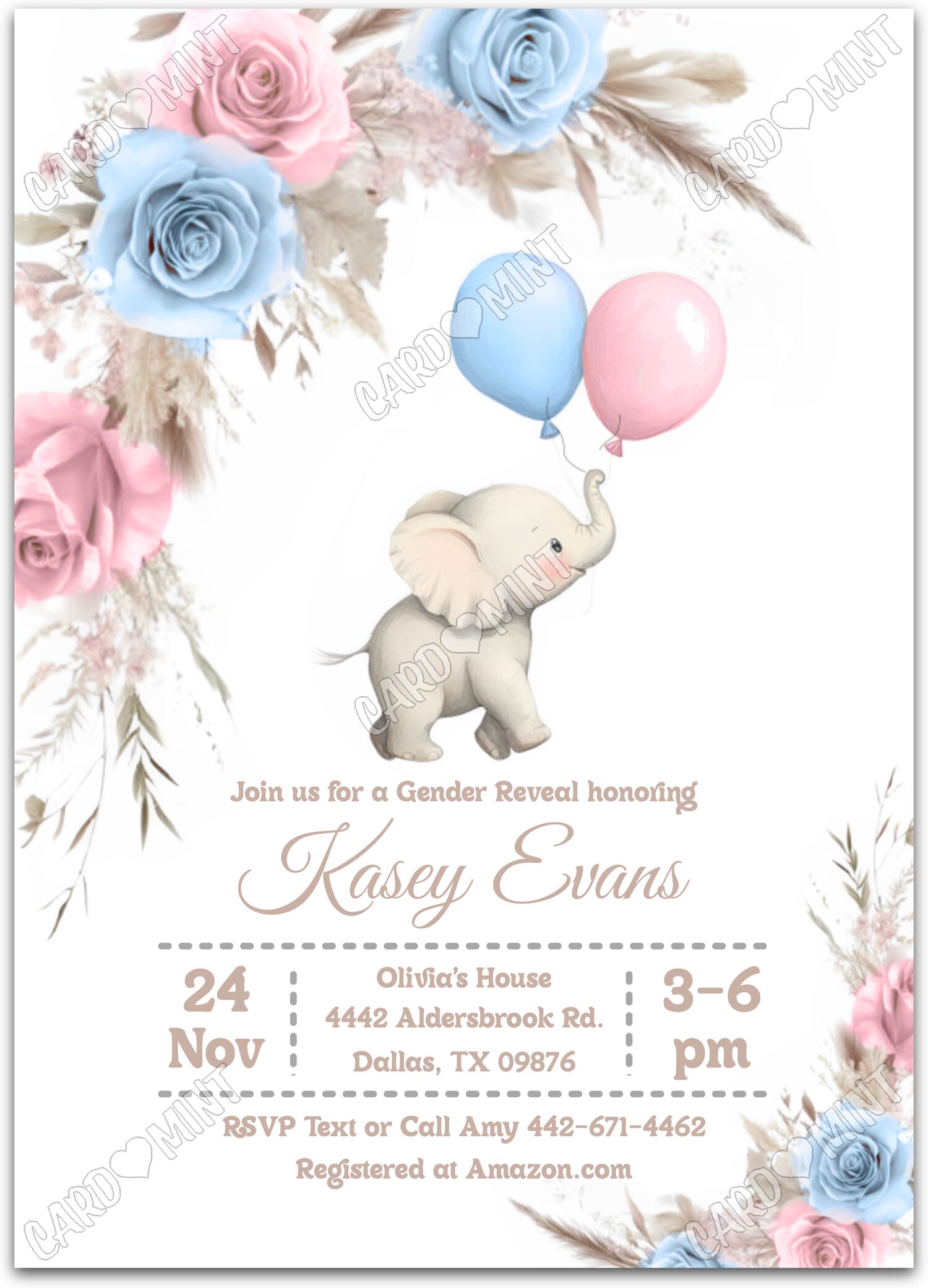 Editable Little Elephant & balloons white baby elephant & balloons Gender Reveal 5"x7" Invitation EV1550