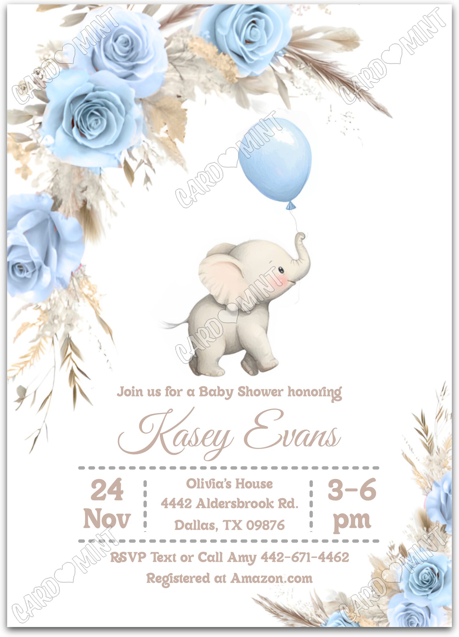 Editable Little Elephant white baby elephant & balloon boy Douche de bébé 5"x7" Invitation EV1551