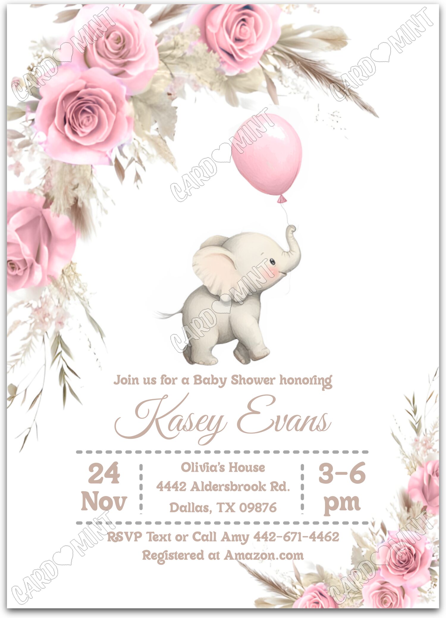 Editable Little Elephant white baby elephant & balloon girl Douche de bébé 5"x7" Invitation EV1552