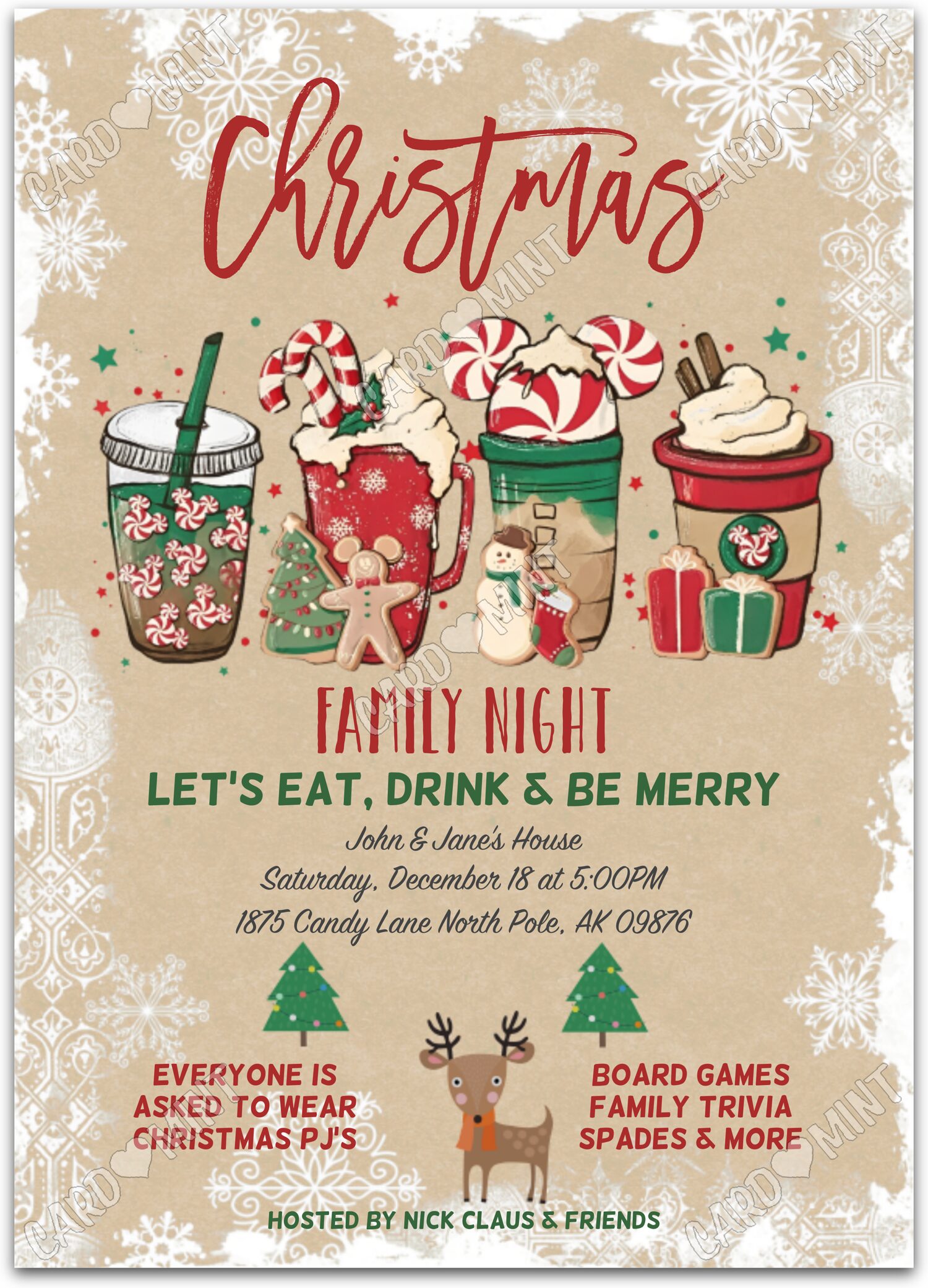 Editable Christmas Party tan refreshments Christmas 5"x7" Invitation EV1553