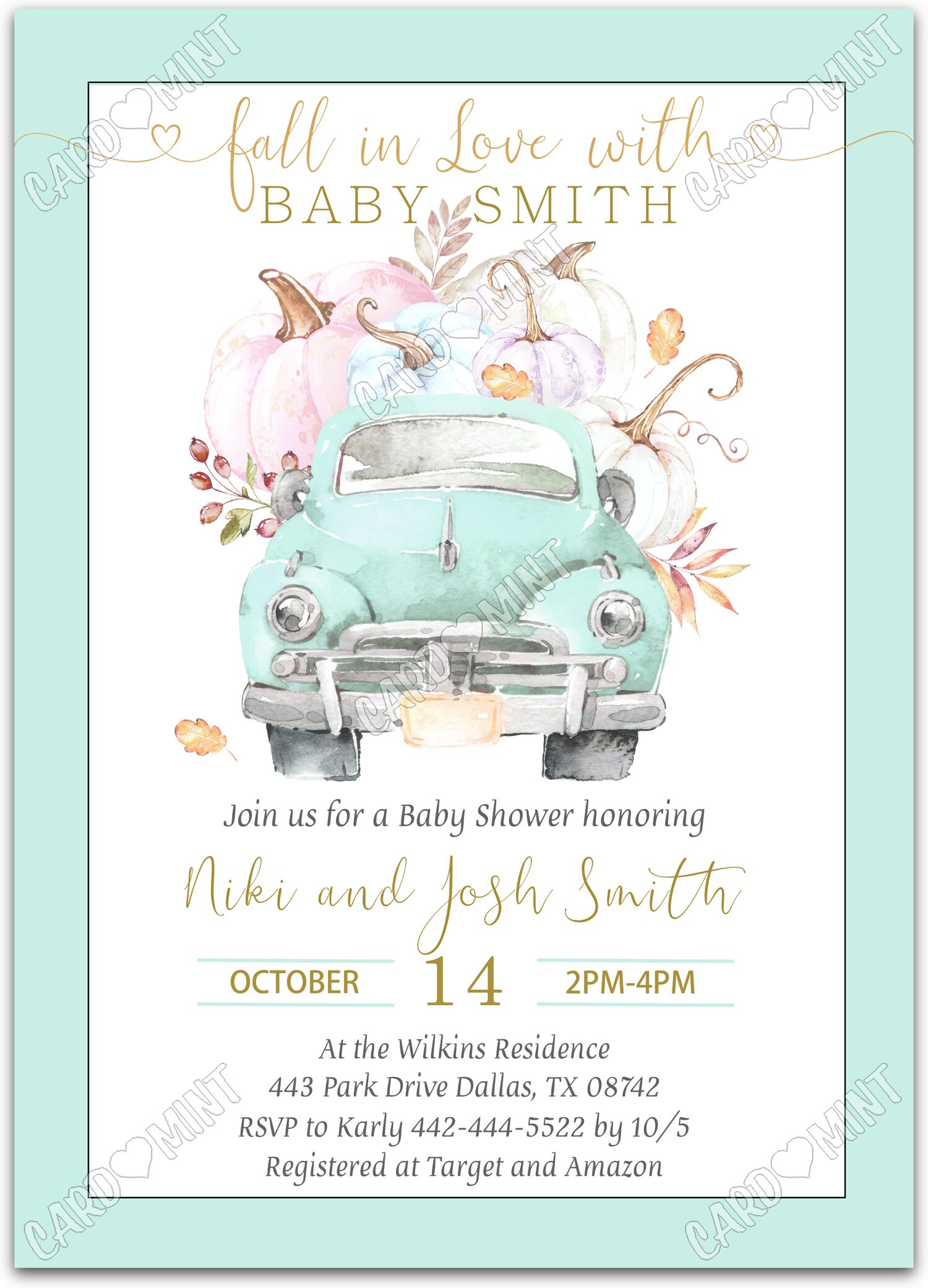 Editable Country Pumpkins white vintage truck & pumpkins fall Gender Reveal 5"x7" Invitation EV1554