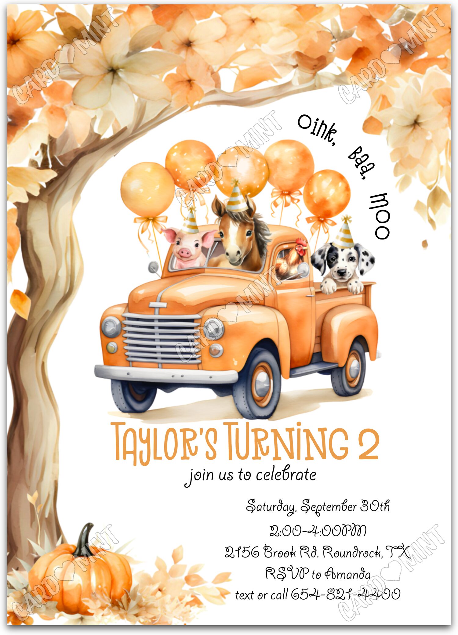 Editable Party Animals white vintage truck & farm animals boy fall Fête d'Anniversaire 5"x7" Invitation EV1555