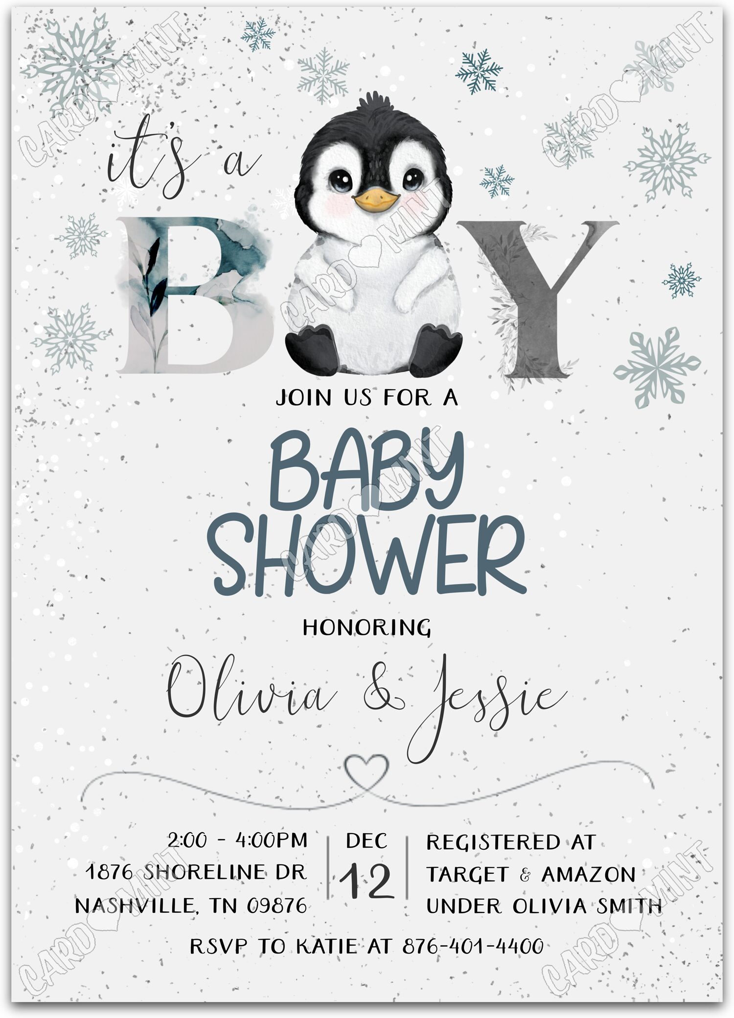 Editable Winter Baby Shower gray baby penguin boy winter Baby Shower 5"x7" Invitation EV1556