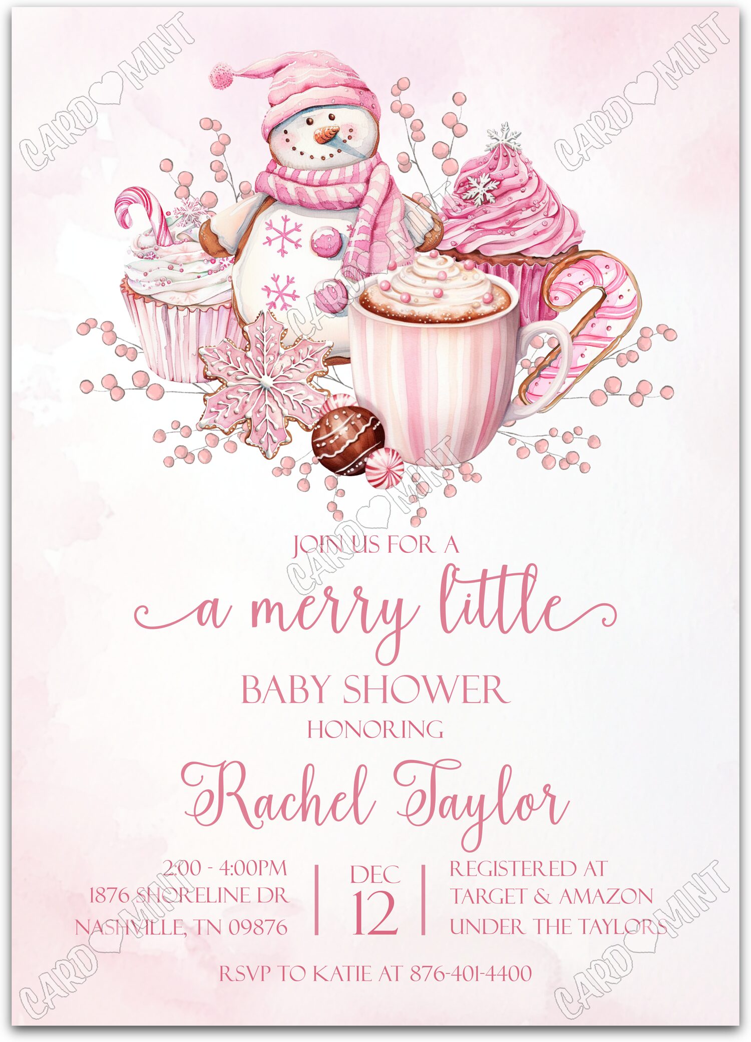 Editable A Merry Little pink Christmas treats girl winter Christmas Baby Shower 5"x7" Invitation EV1558