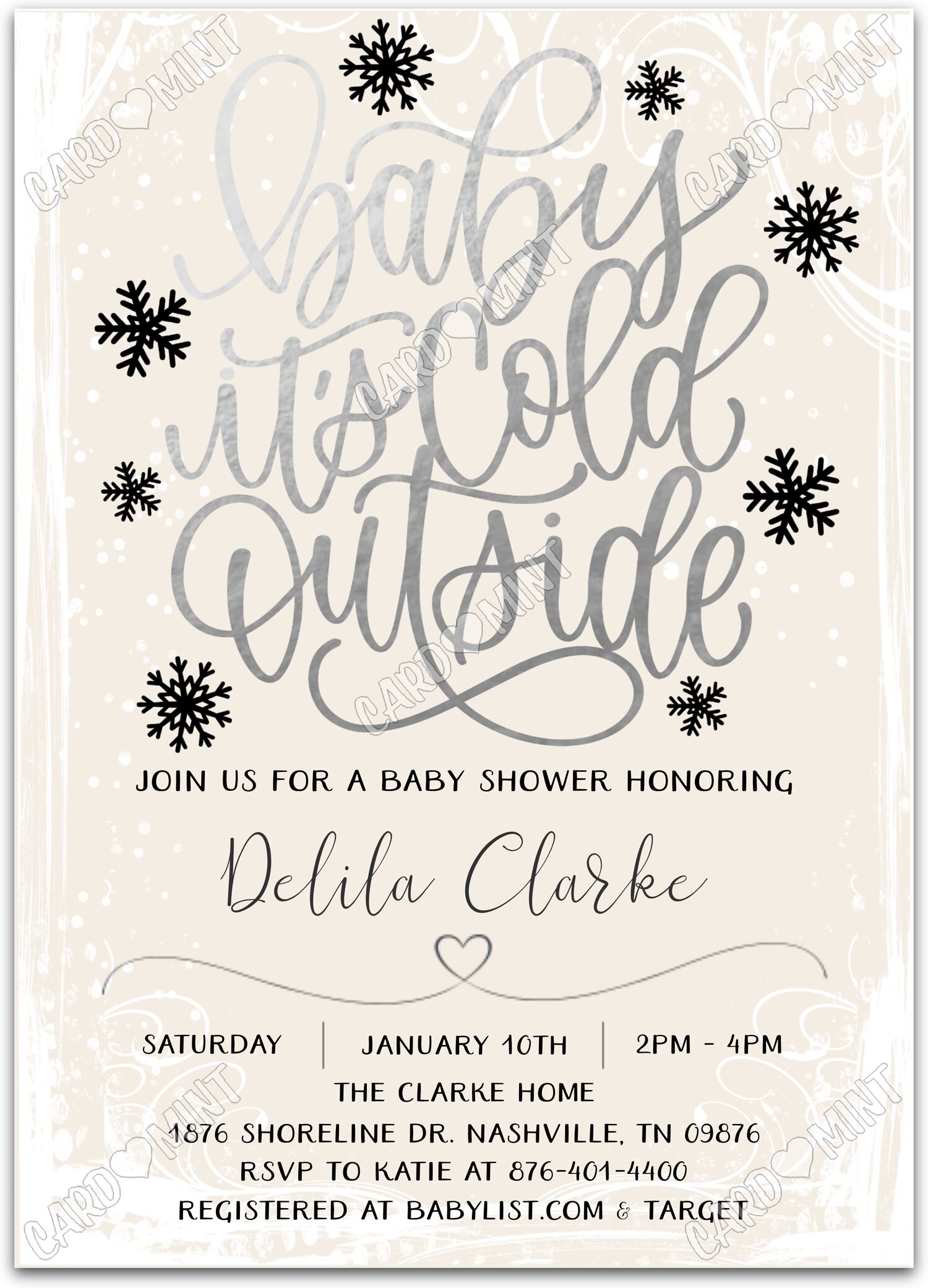 Editable Baby It's Cold Outside beige silver snowflakes neutral Christmas Baby Shower 5"x7" Invitation EV1559