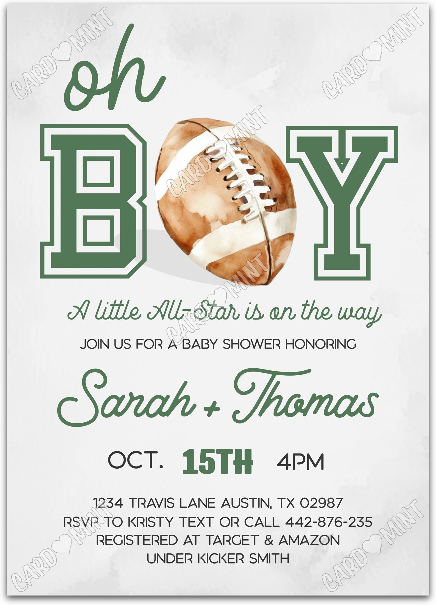 Editable A Little All-Star gray football boy Douche de bébé 5"x7" Invitation EV1561