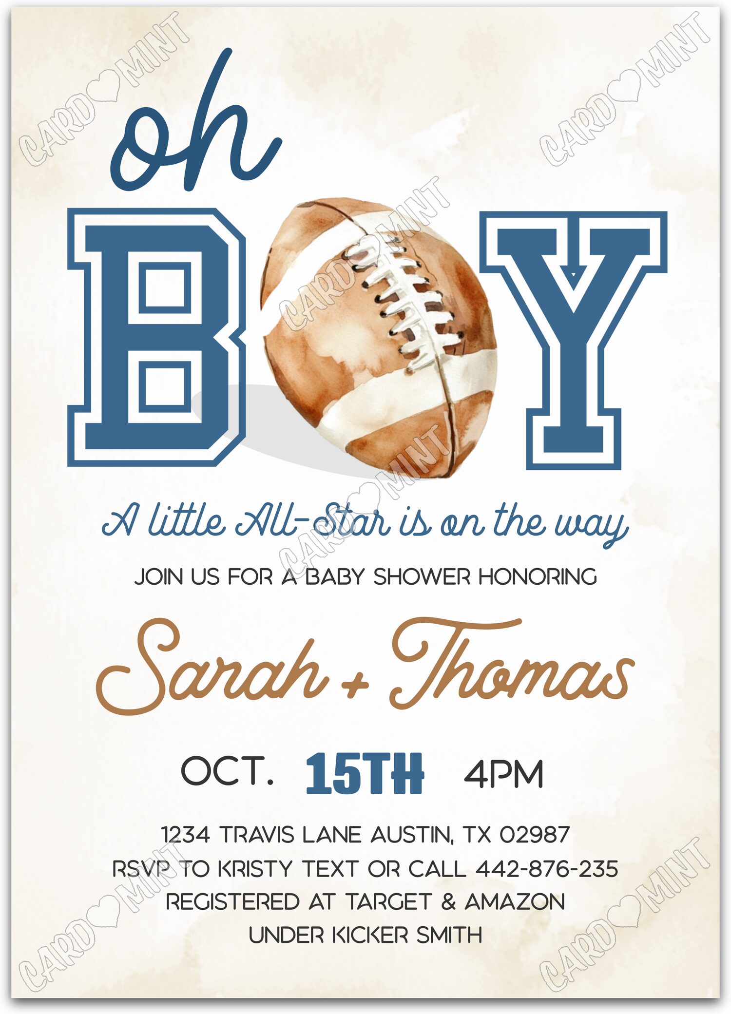 Editable A Little All-Star beige football boy Baby Shower 5"x7" Invitation EV1562