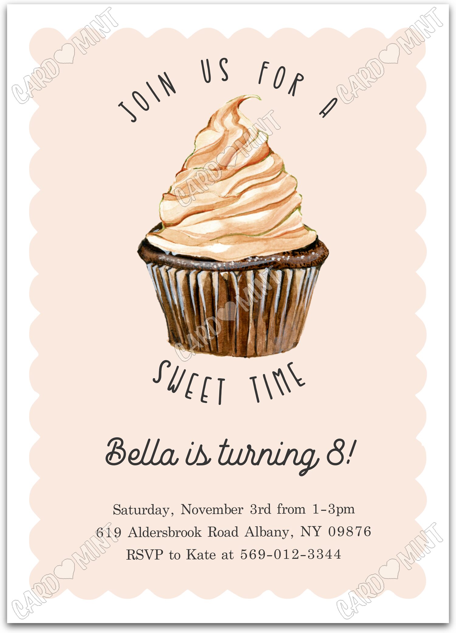 Editable A Sweet Time beige cupcake girl Birthday Party 5"x7" Invitation EV1565