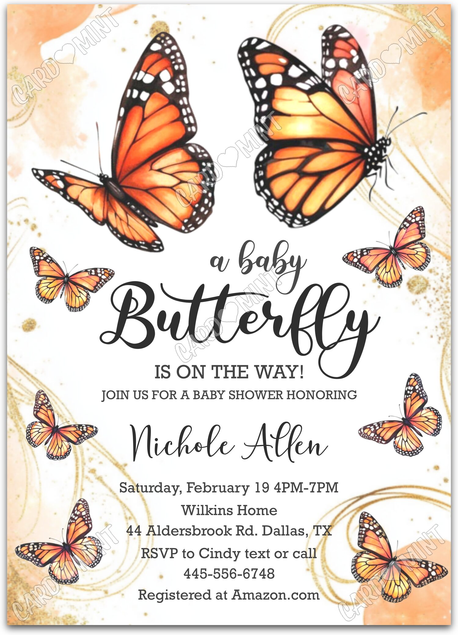 Editable A Baby Butterfly white monarch butterflies neutral Baby Shower 5"x7" Invitation EV1566