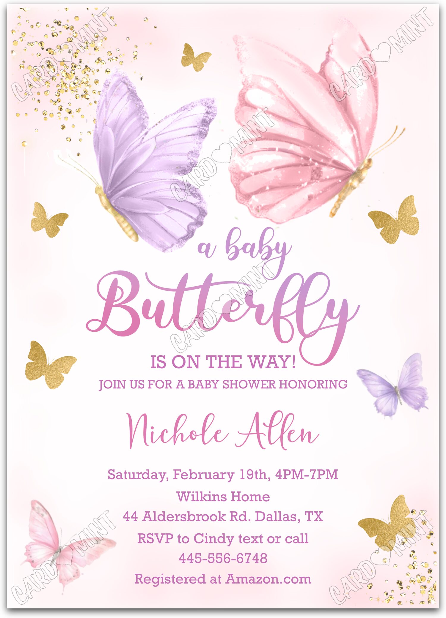 Editable A Baby Butterfly pink butterflies girl Douche de bébé 5"x7" Invitation EV1567